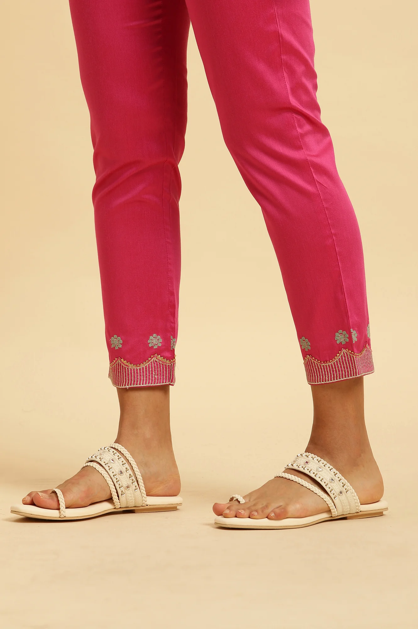 Pink Slim Pants With Embroidered Hemline - Image 8