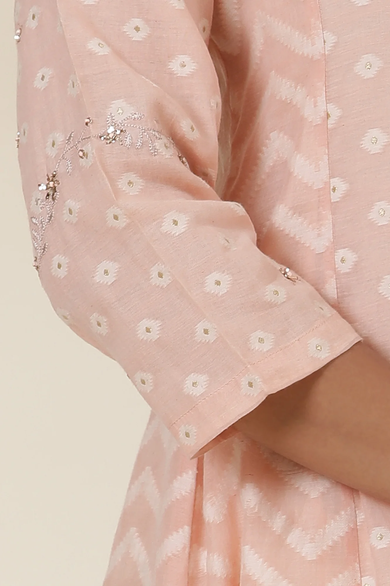 Pink V-Neck Jacquard Embroidered Kurta - Image 8