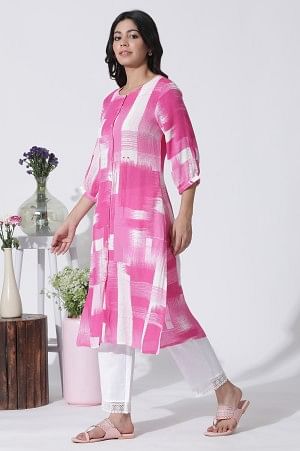 Pink & White Abstract Printed Kurta And Straight Pants Set - Image 3