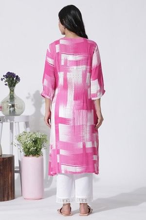 Pink & White Abstract Printed Kurta And Straight Pants Set - Image 4