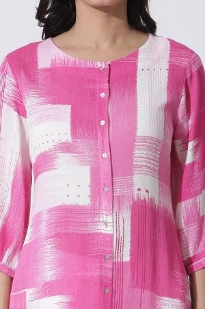 Pink & White Abstract Printed Kurta And Straight Pants Set - Image 6