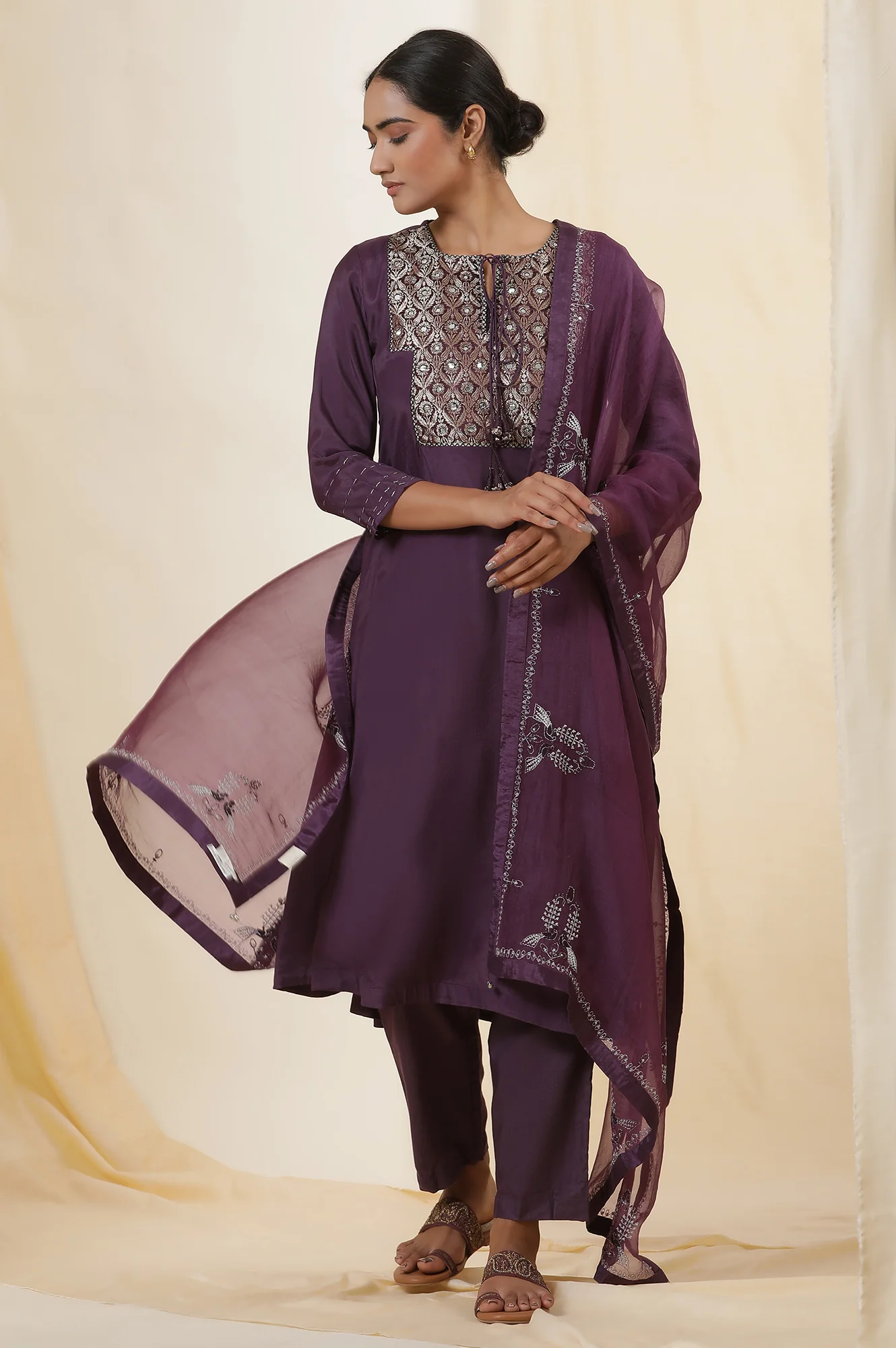 Plum Purple Solid Silk Organza Drape With Embroidery - Image 2