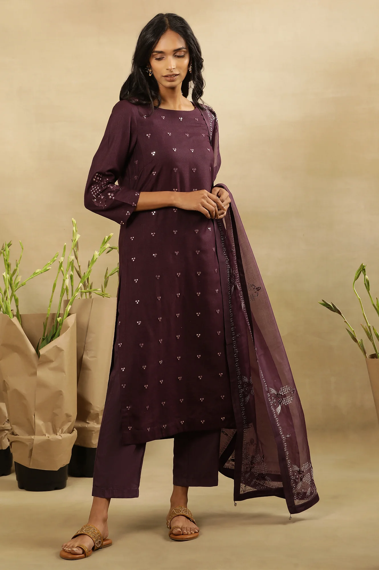 Plum Purple Solid Straight Pants With Front Tie-Up - Image 5
