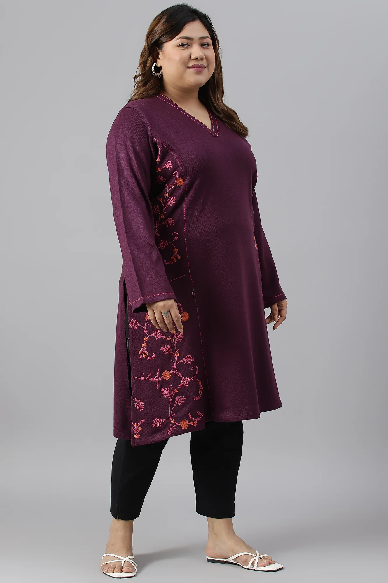 Purple A-Line Embroidered Plus Size Winter kurta - Image 3
