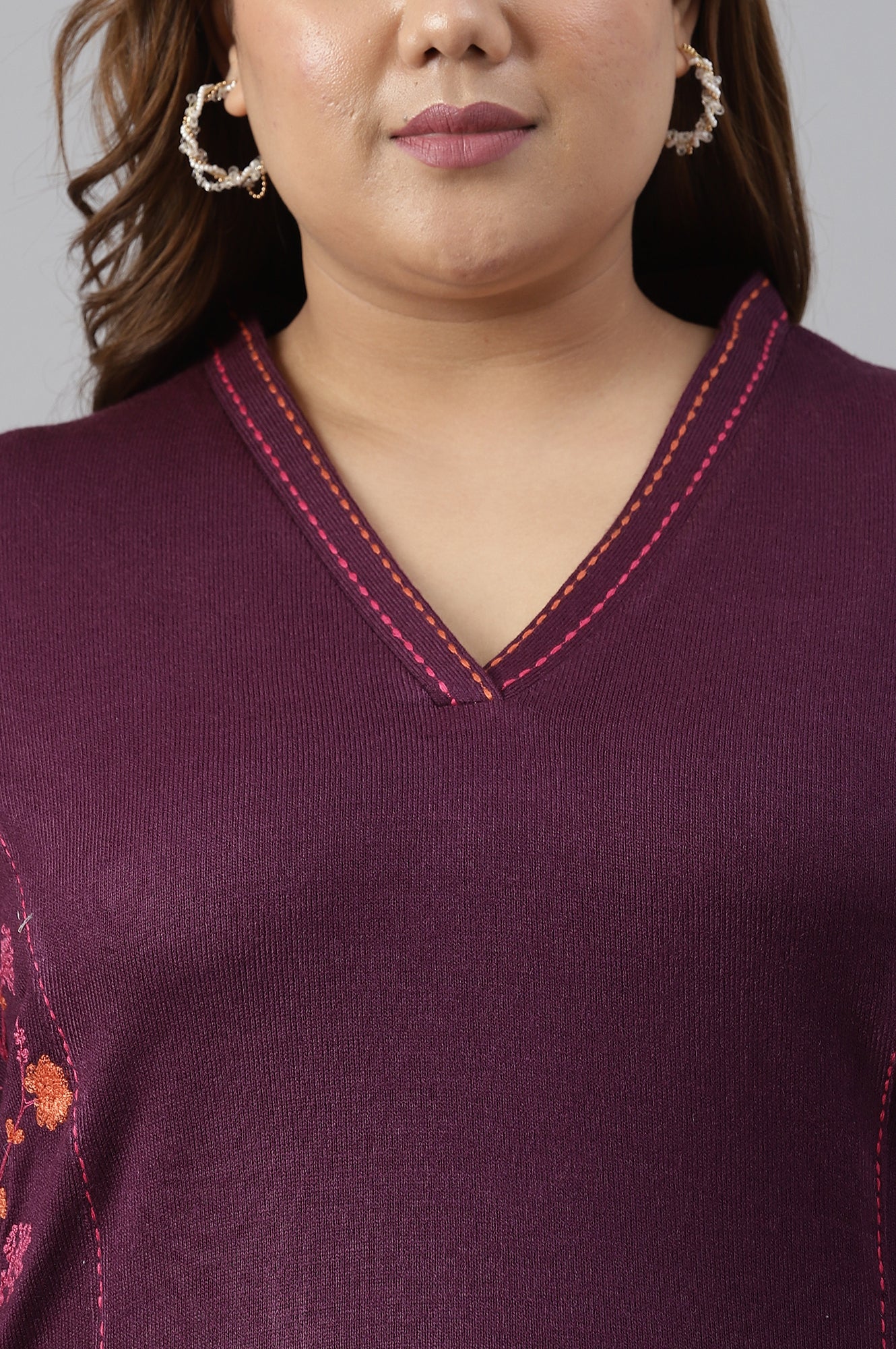 Purple A-Line Embroidered Plus Size Winter kurta - Image 5
