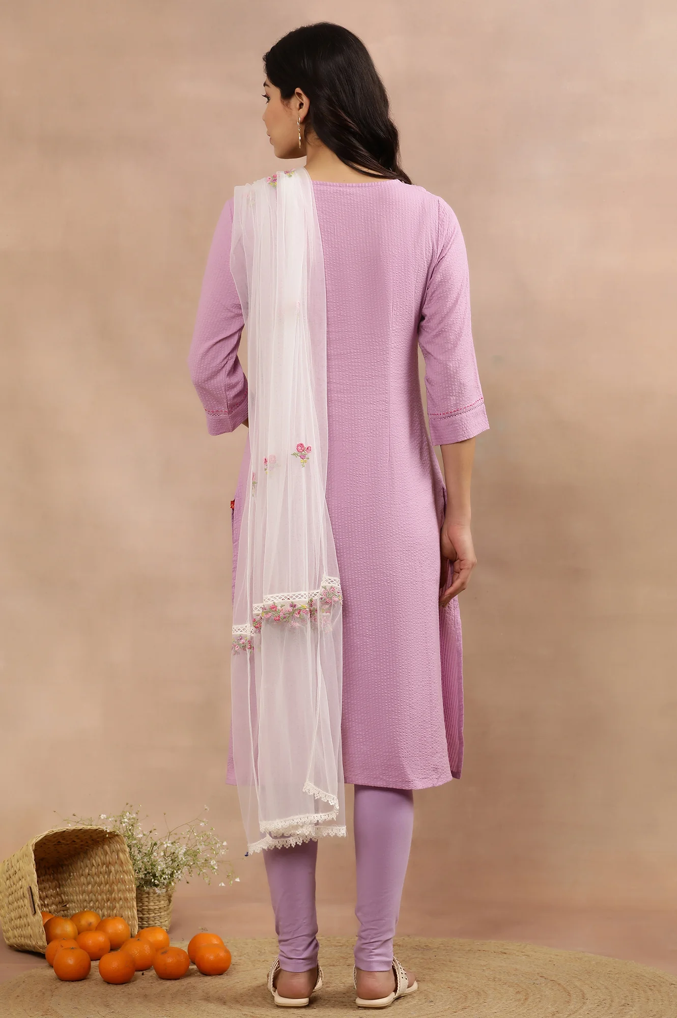 Purple Cotton Embroidered Kurta, Tights And Mesh Dupatta - Image 4