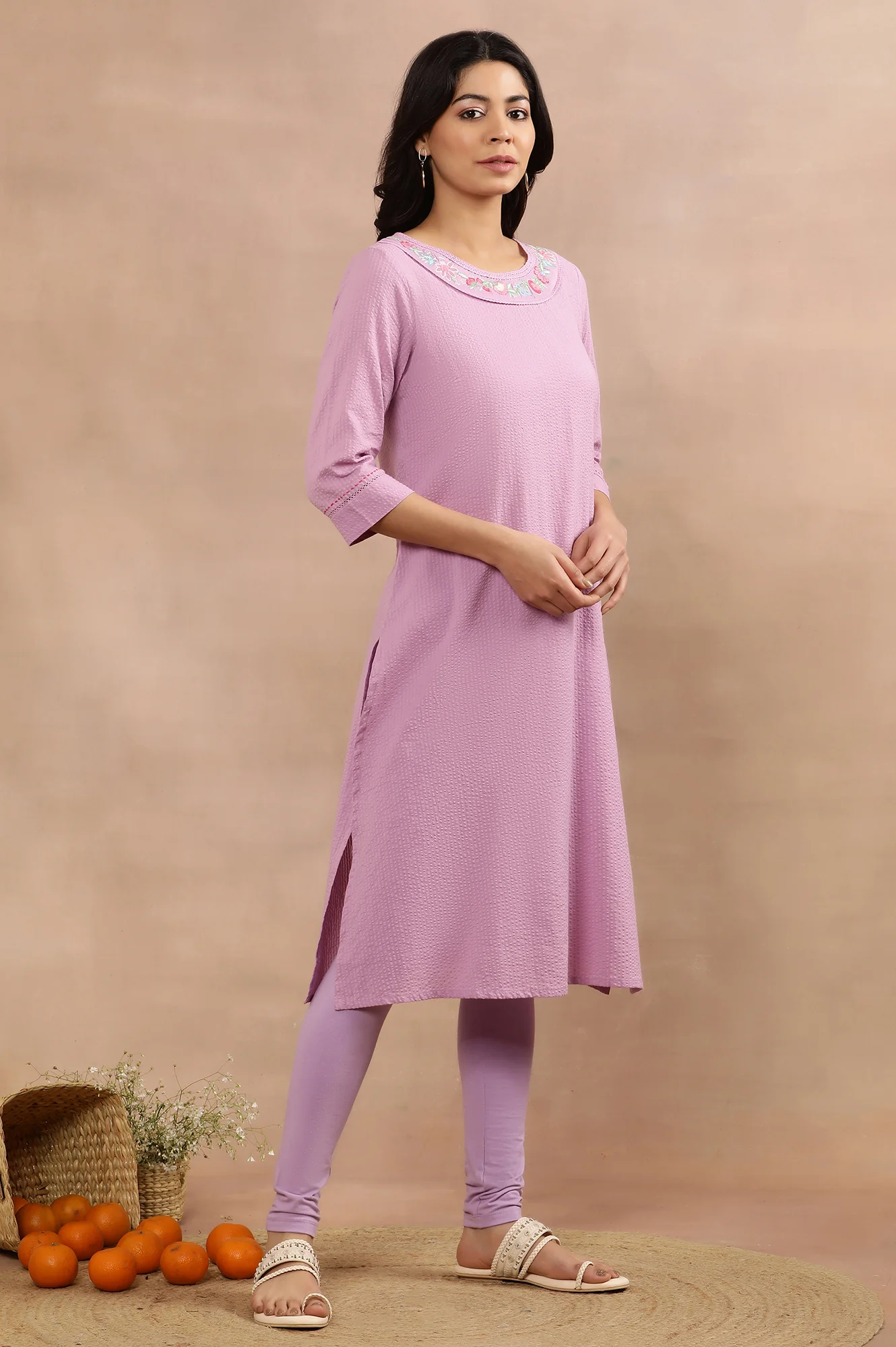 Purple Cotton Embroidered Kurta, Tights And Mesh Dupatta - Image 5