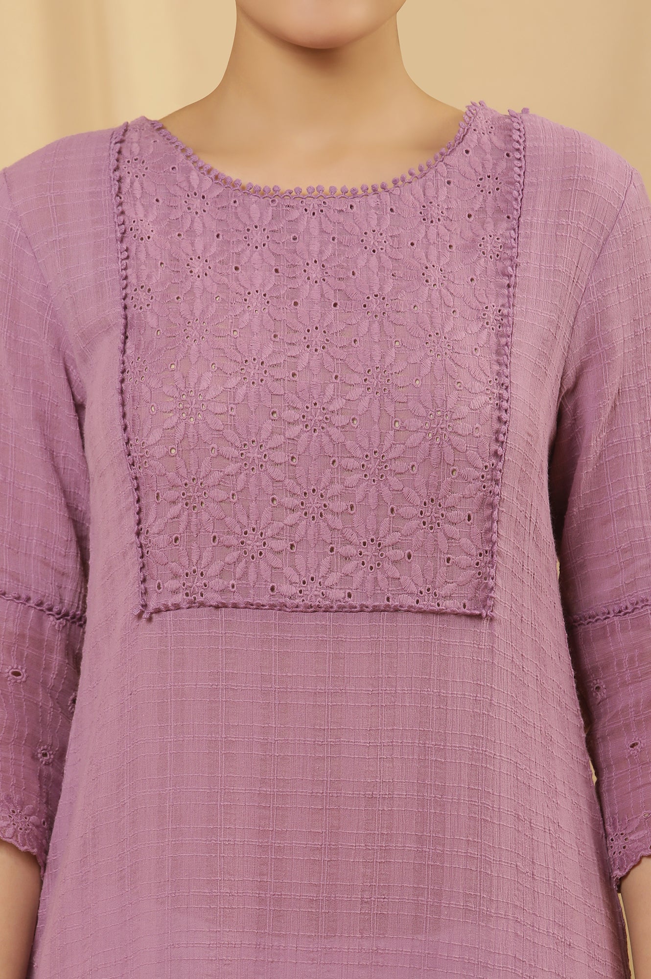 Purple Cotton Textured Embroidered Kurta - Image 6