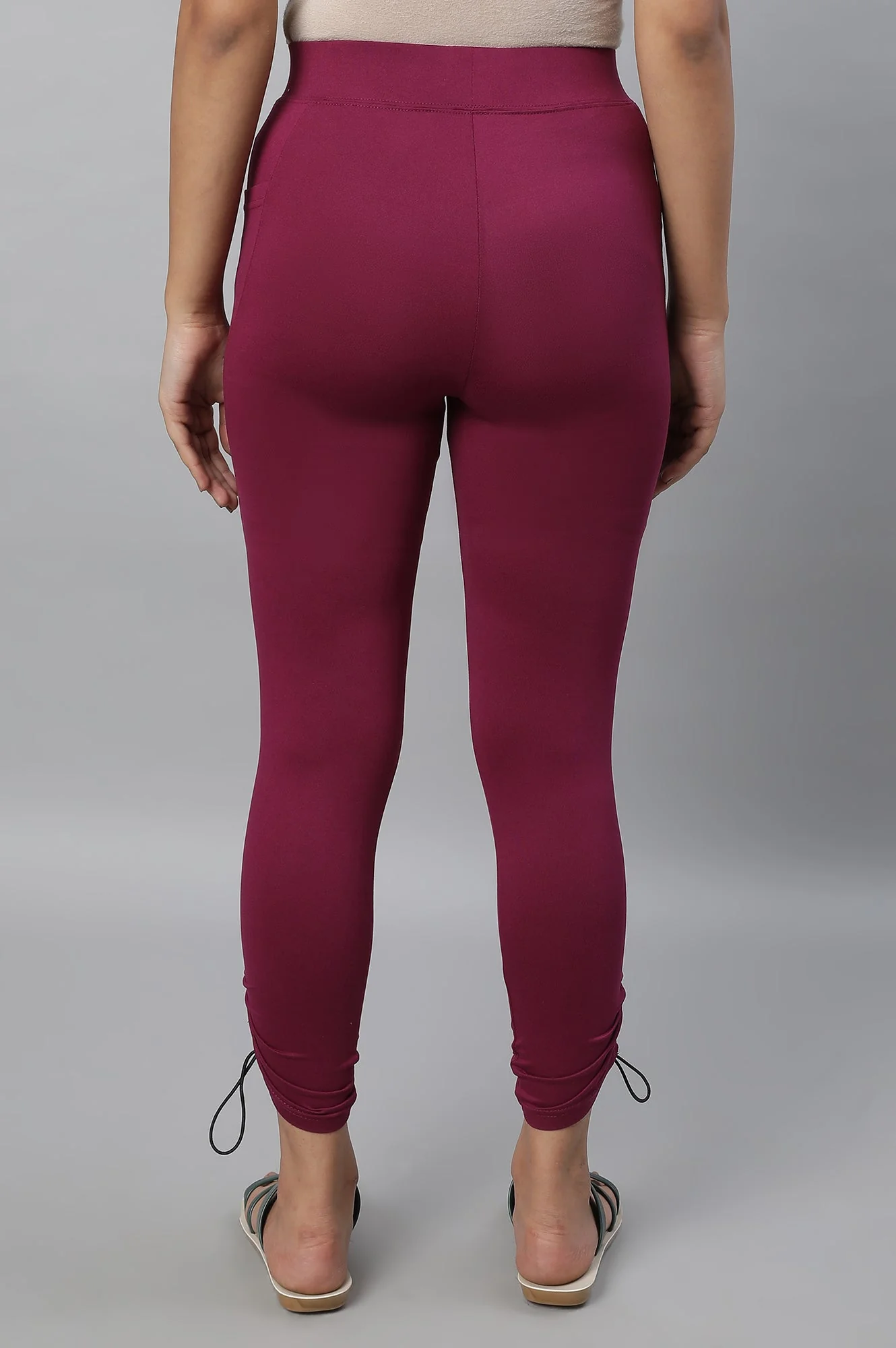 Purple Solid Skinny Fit Tights With Drawstring Detail - Image 2