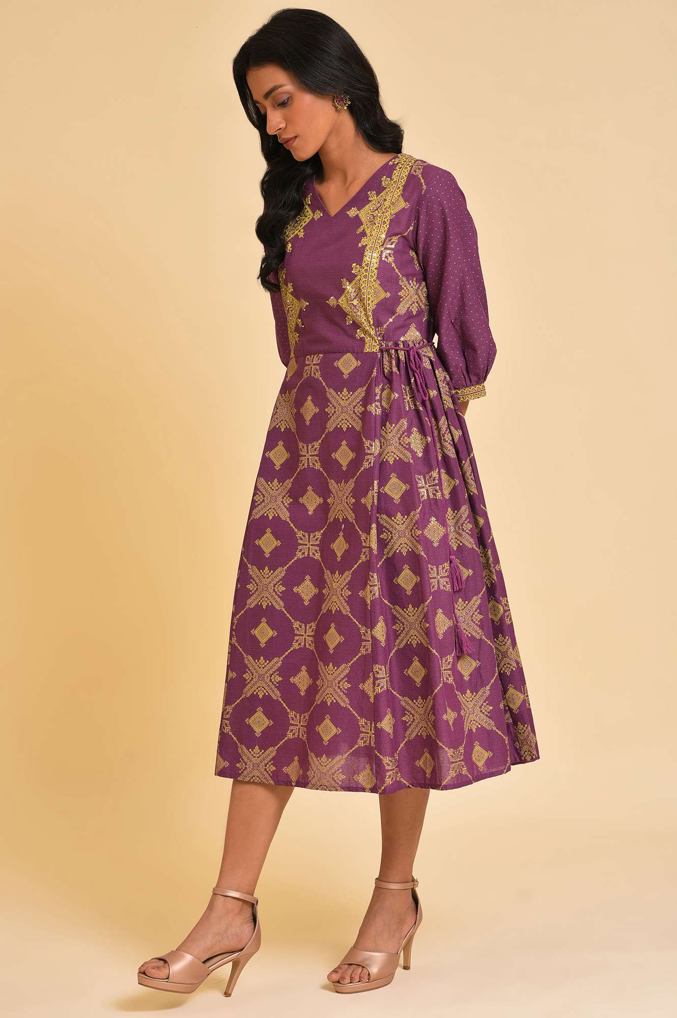 Purple Festive Gathered Dress With Sequin - Image 3
