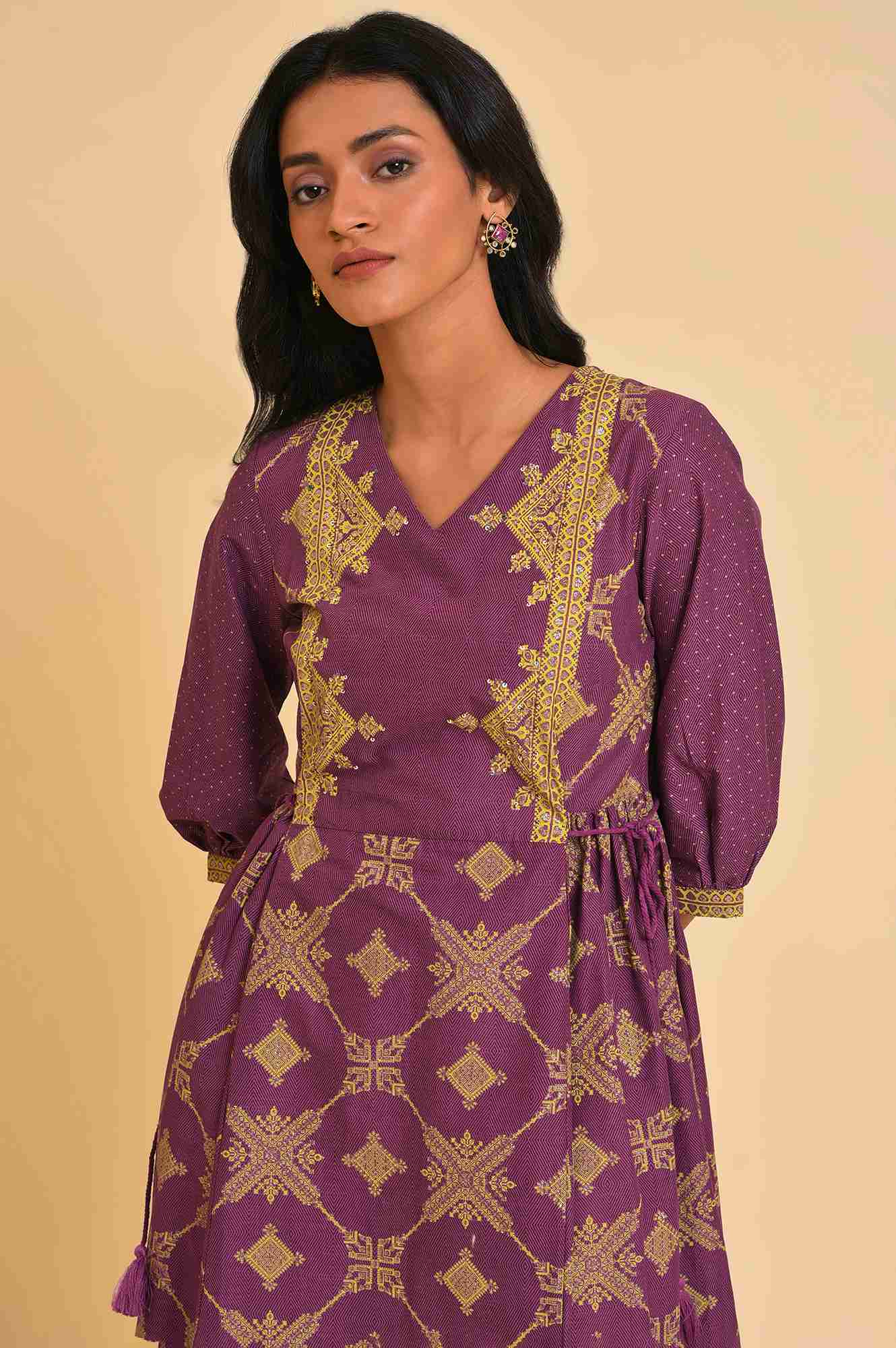 Purple Festive Gathered Dress With Sequin - Image 5