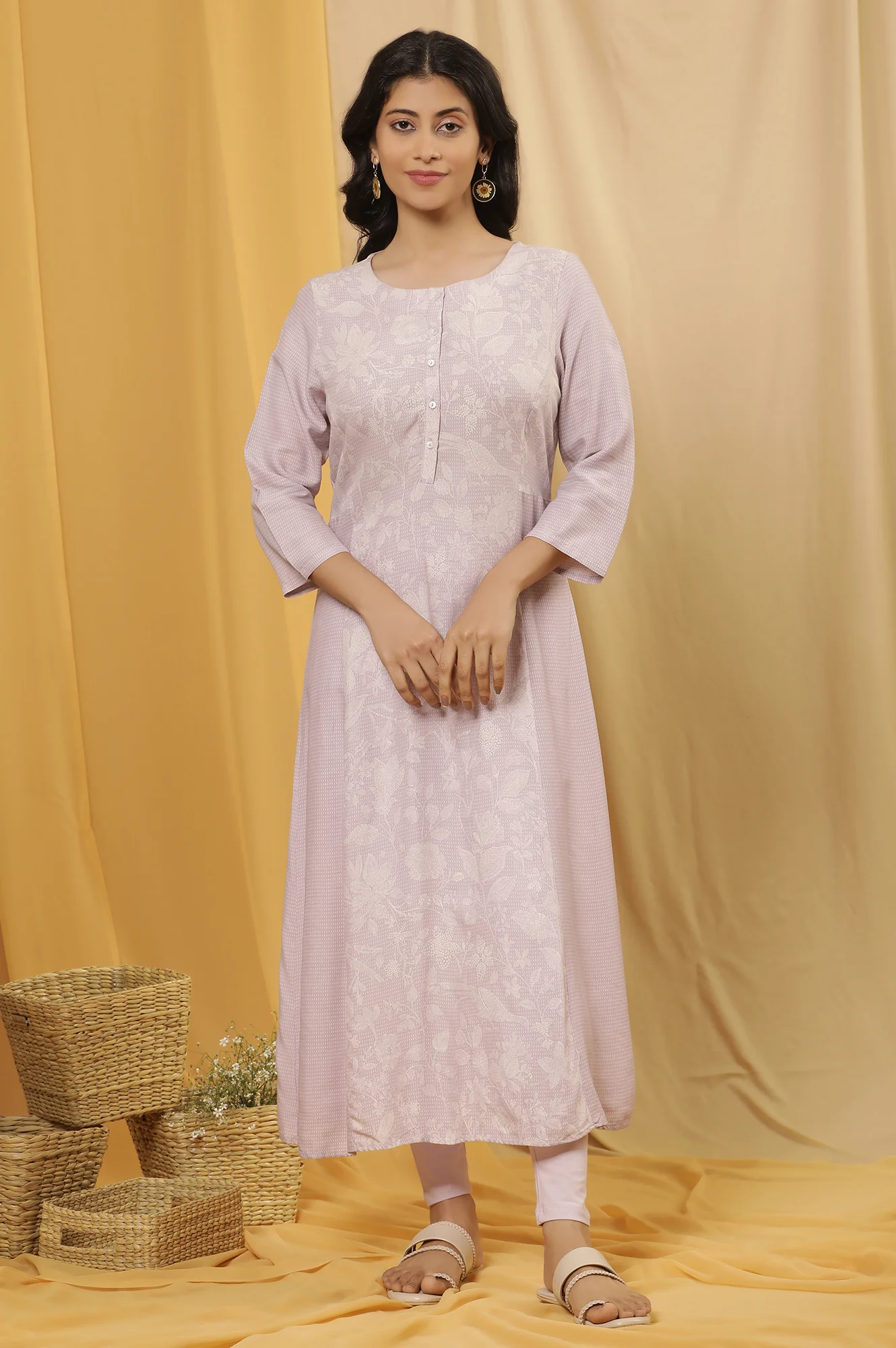 Purple Floral Printed A-Line Kurta And Tights Set - Image 2