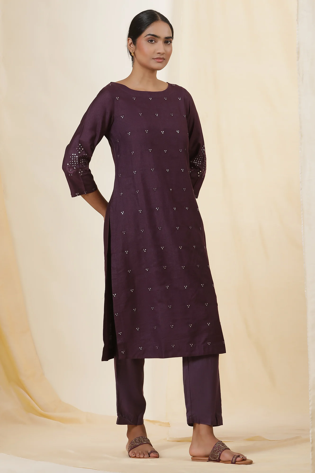 Purple Mirror Work Embroidery Kurta - Image 5