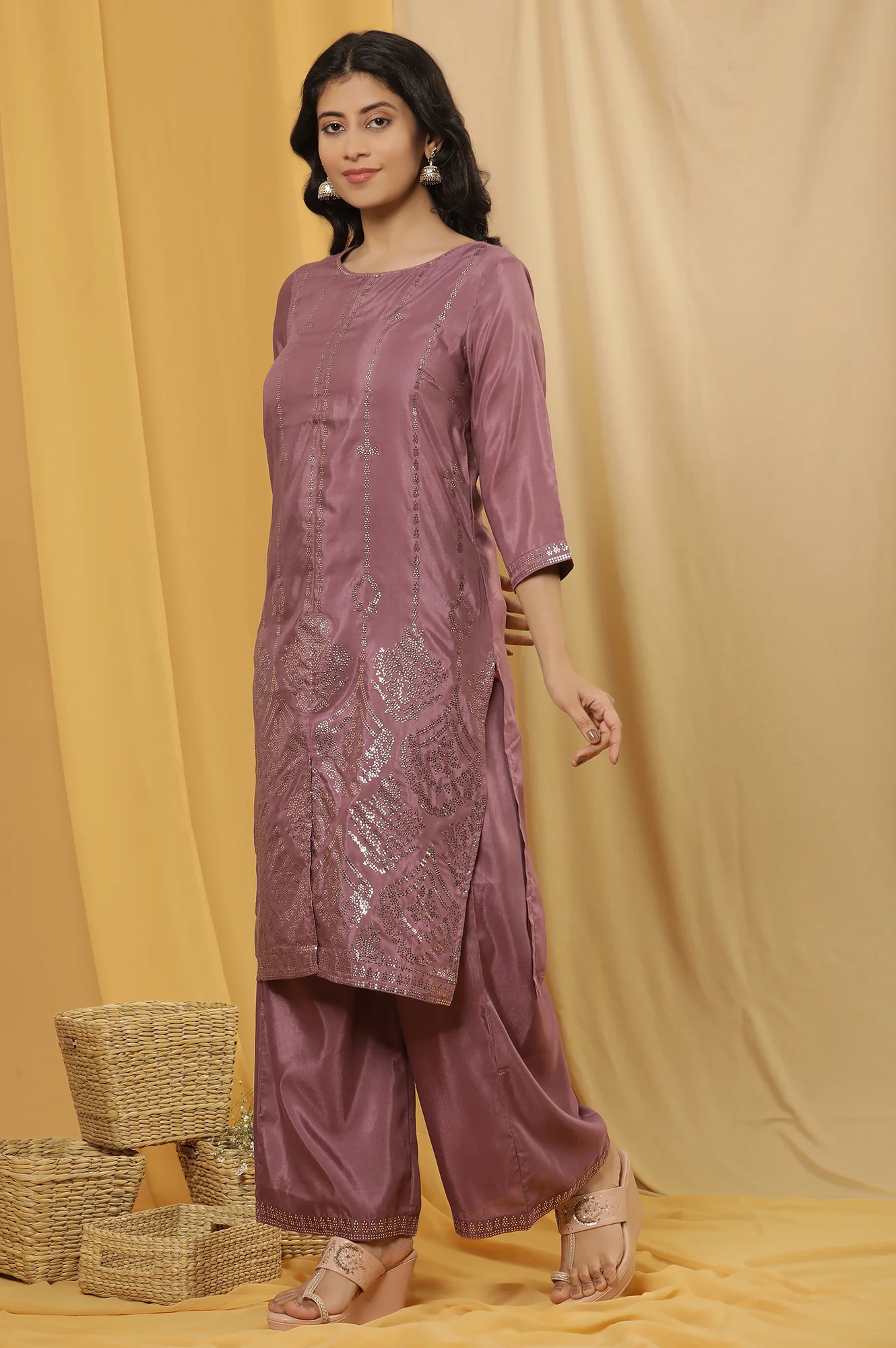 Purple Mukaish Printed Kurta, Parallel Pants And Dupatta Set - Image 3