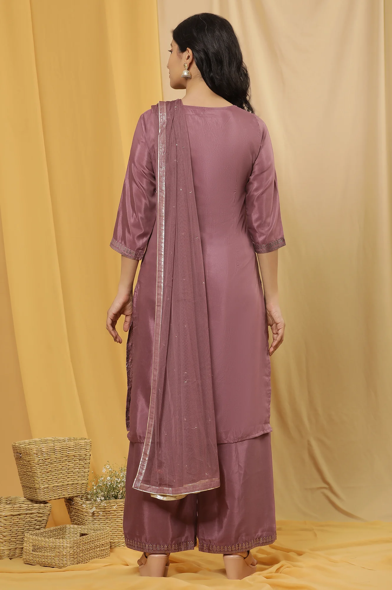 Purple Mukaish Printed Kurta, Parallel Pants And Dupatta Set - Image 4
