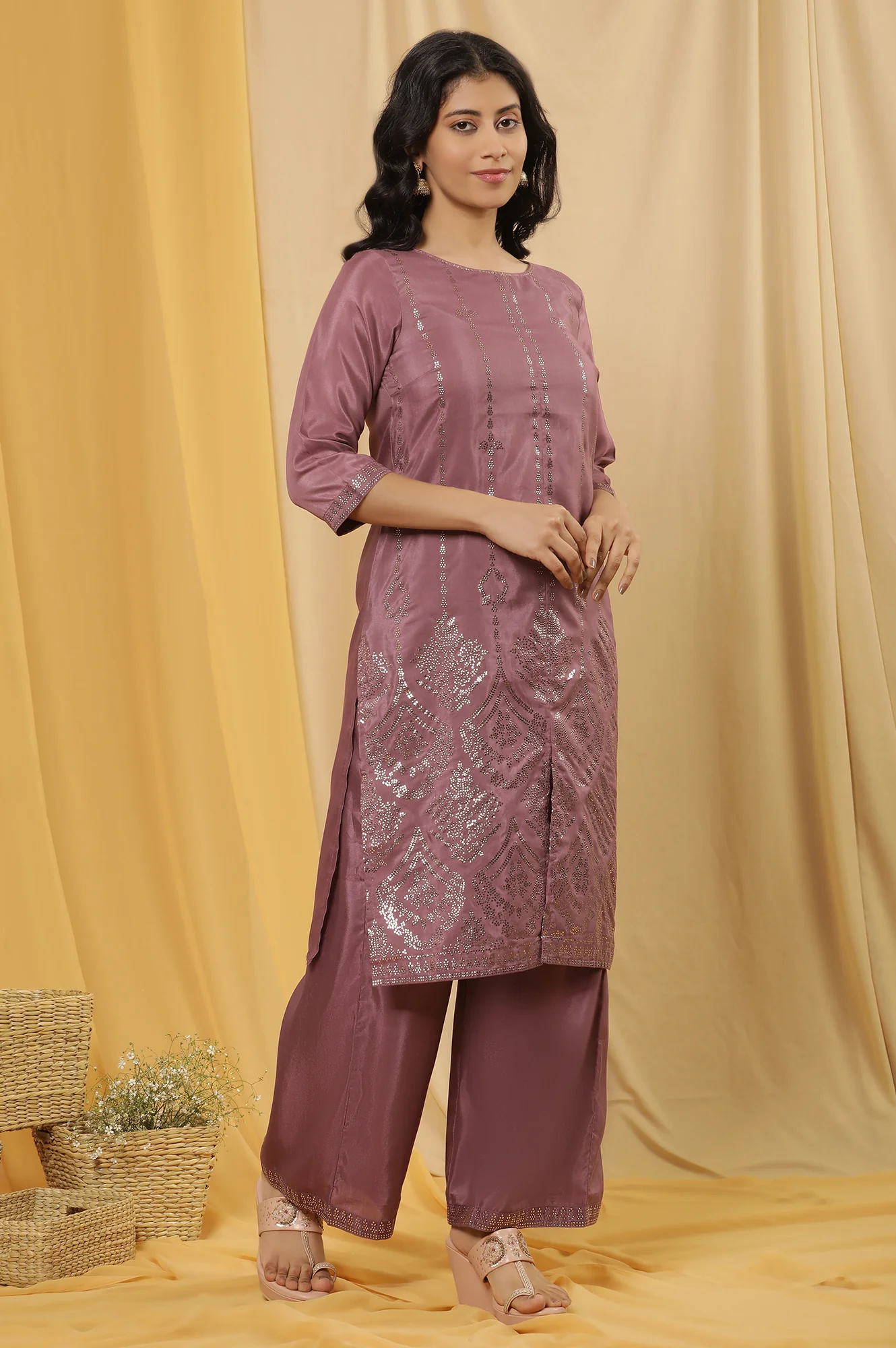 Purple Mukaish Printed Kurta, Parallel Pants And Dupatta Set - Image 5