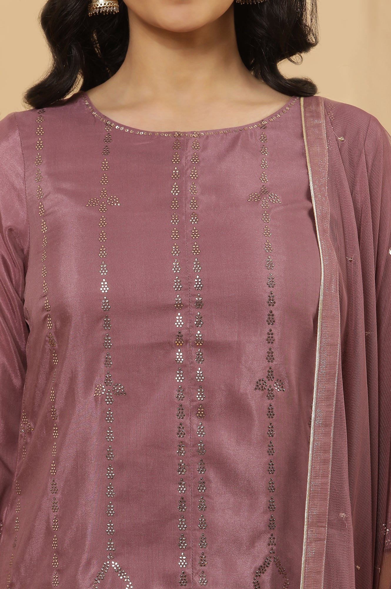 Purple Mukaish Printed Kurta, Parallel Pants And Dupatta Set - Image 6