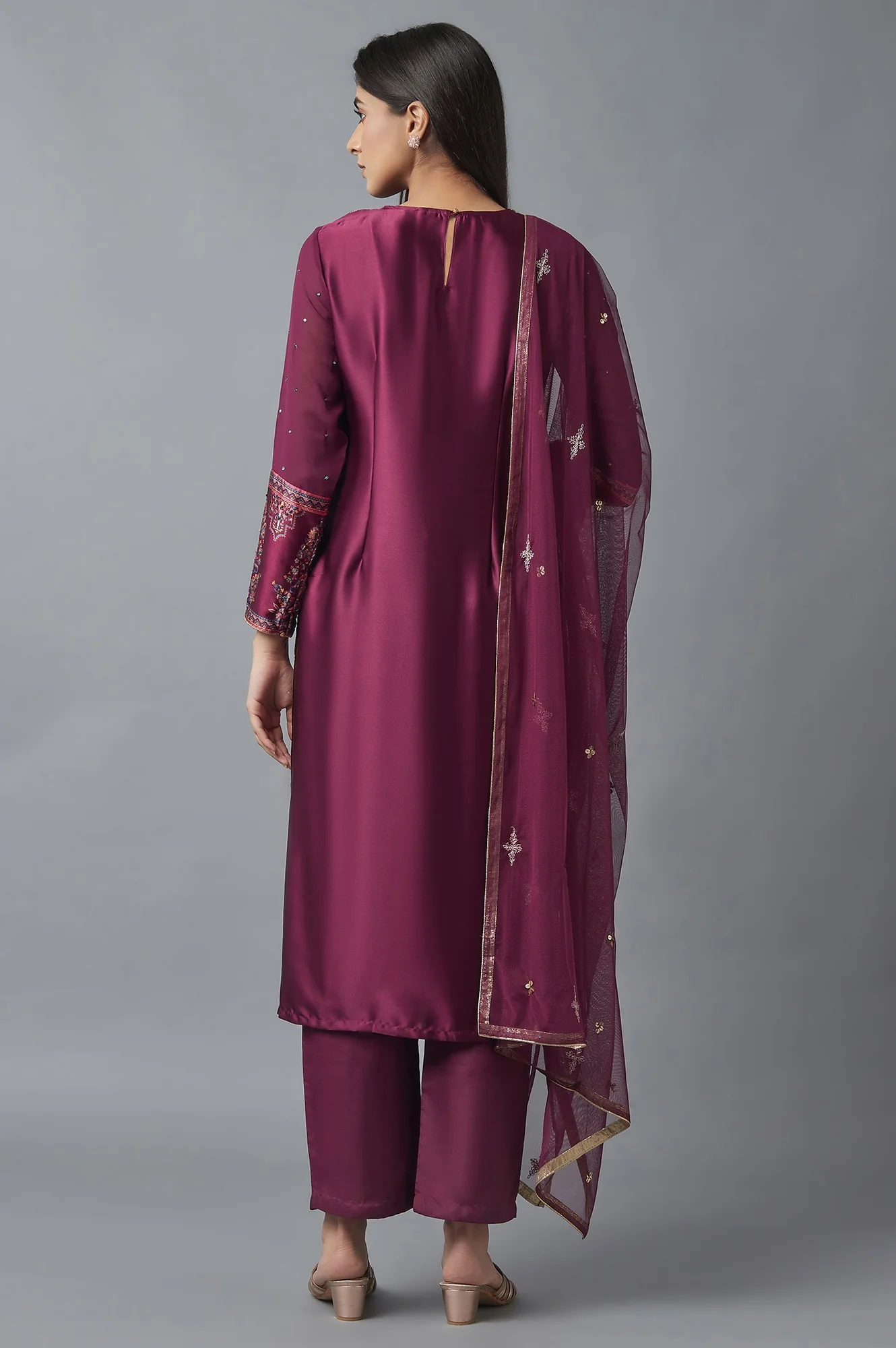 Purple Printed kurta, Parallel Pants and Dupatta Set - Image 2