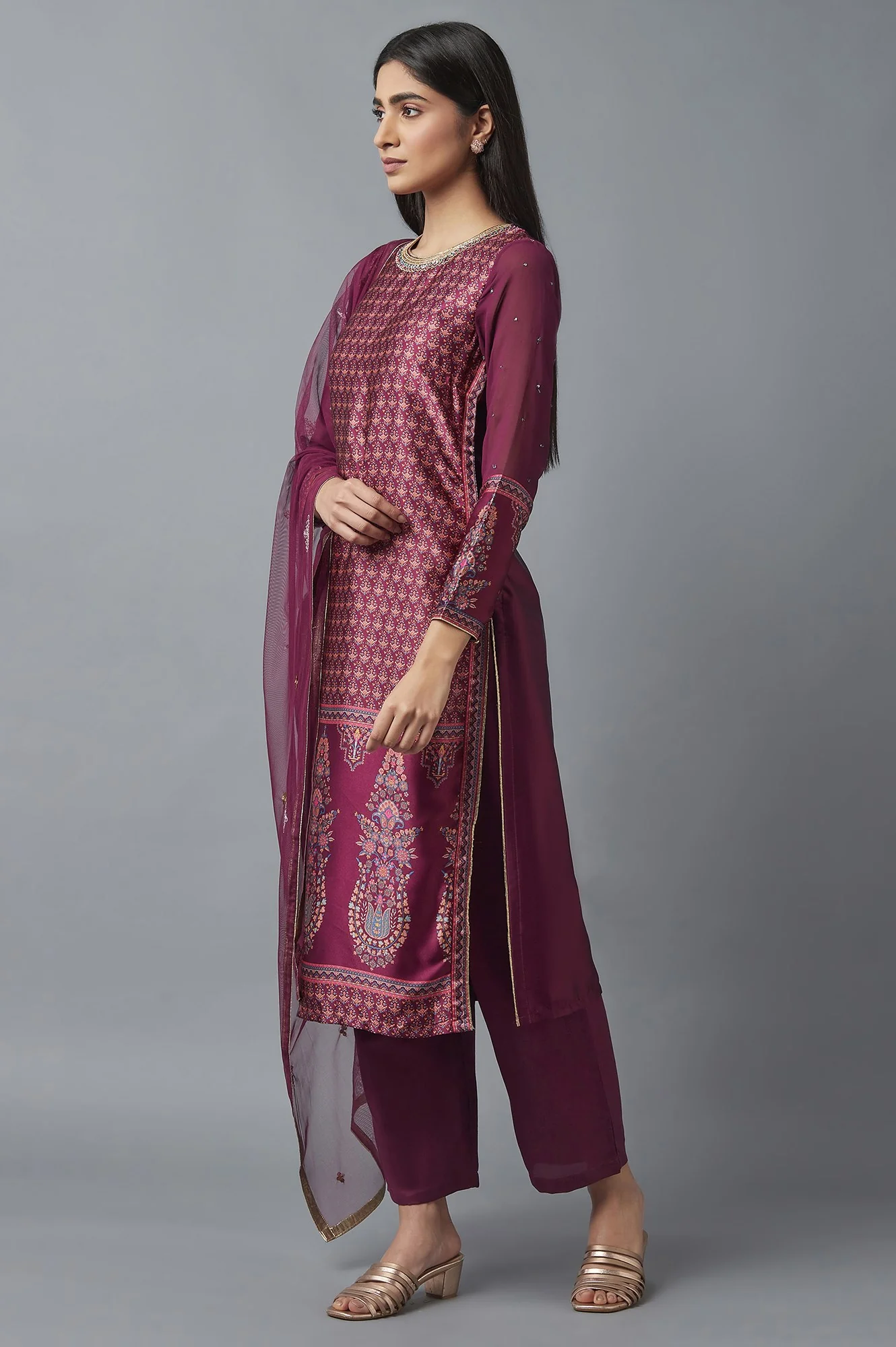 Purple Printed kurta, Parallel Pants and Dupatta Set - Image 3