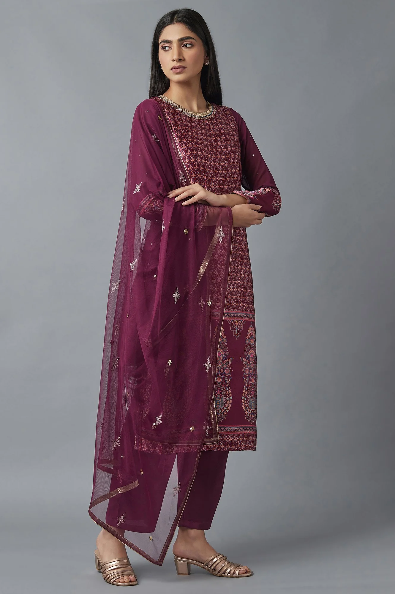 Purple Printed kurta, Parallel Pants and Dupatta Set - Image 4