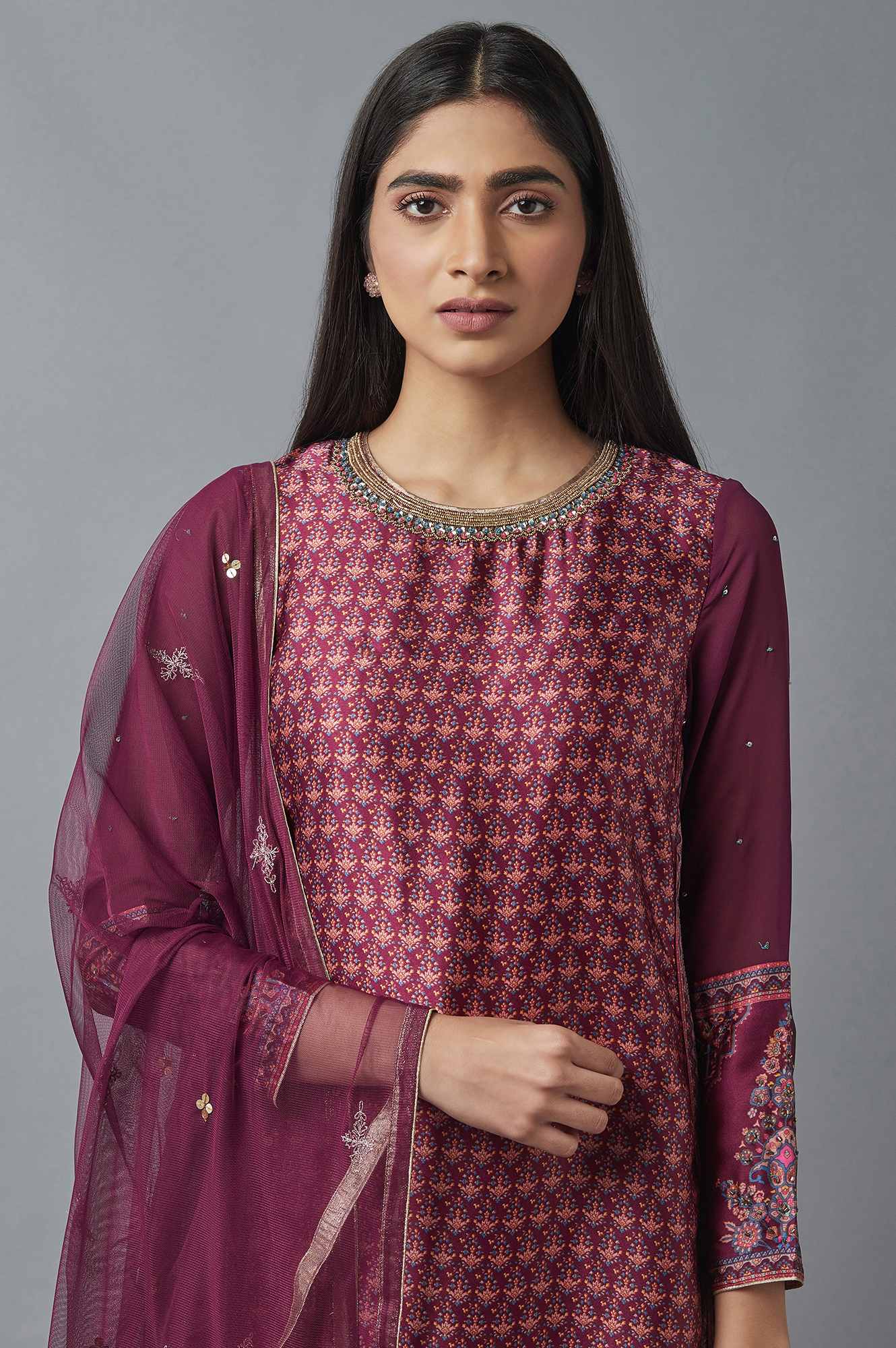 Purple Printed kurta, Parallel Pants and Dupatta Set - Image 5