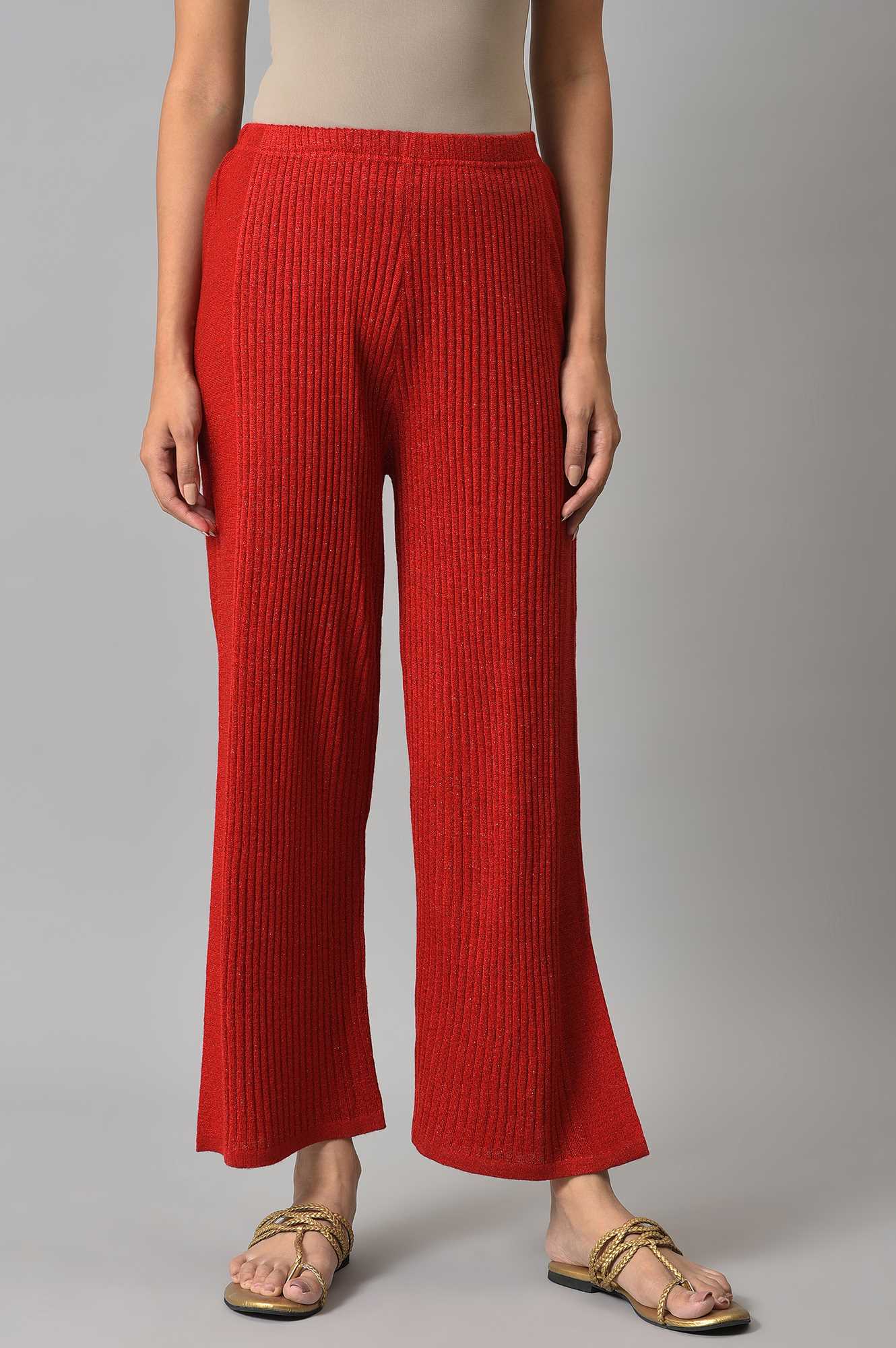 Red Solid Wide Leg Acrylic Palazzo With Elasticated Waist