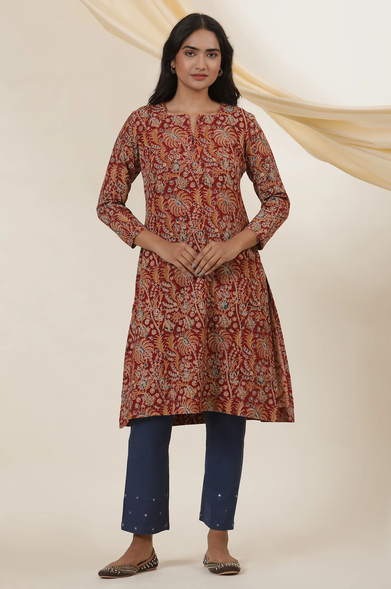 Red Block Printed Kurta In Cotton Flax - Image 2