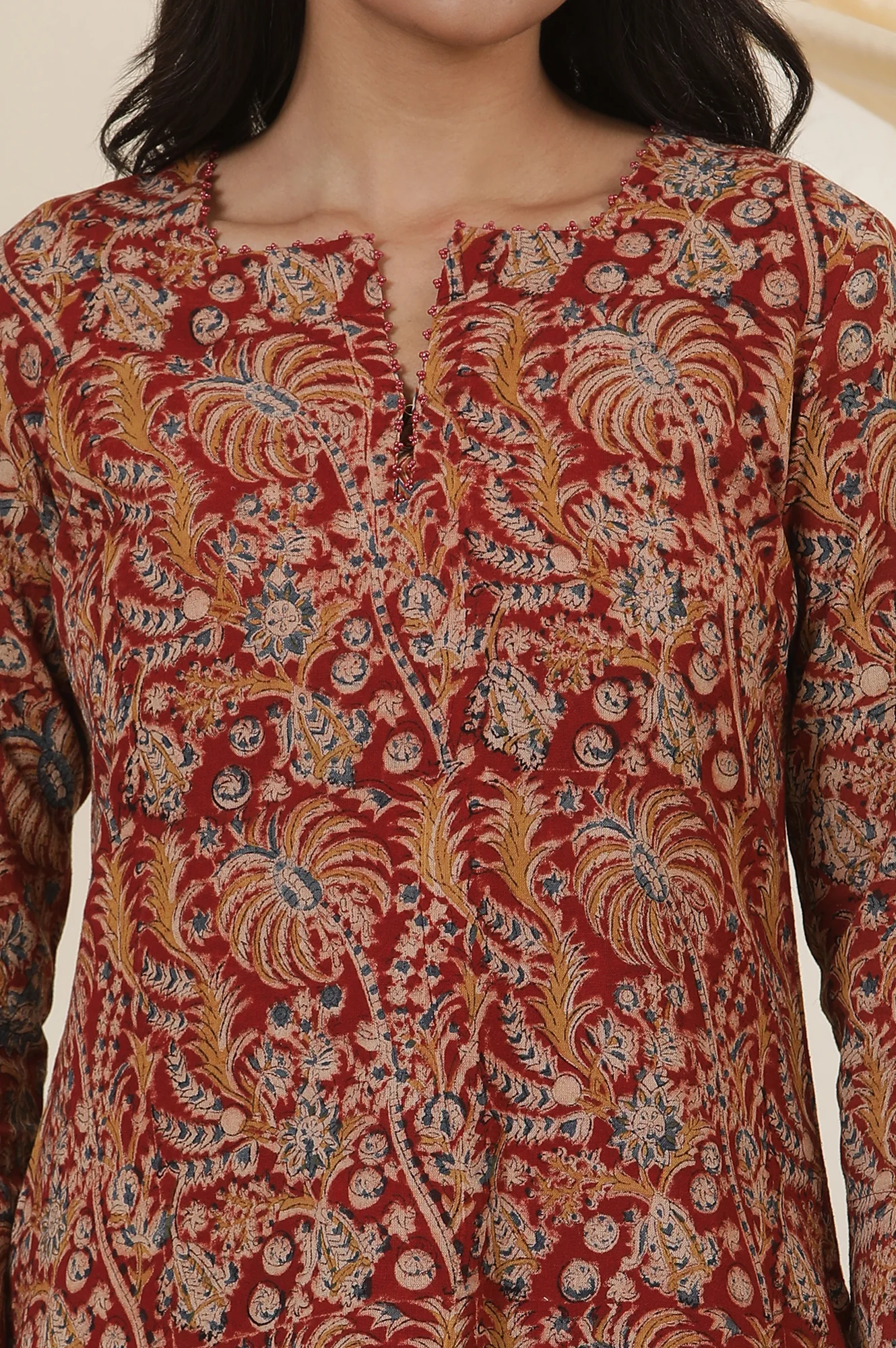 Red Block Printed Kurta In Cotton Flax - Image 7