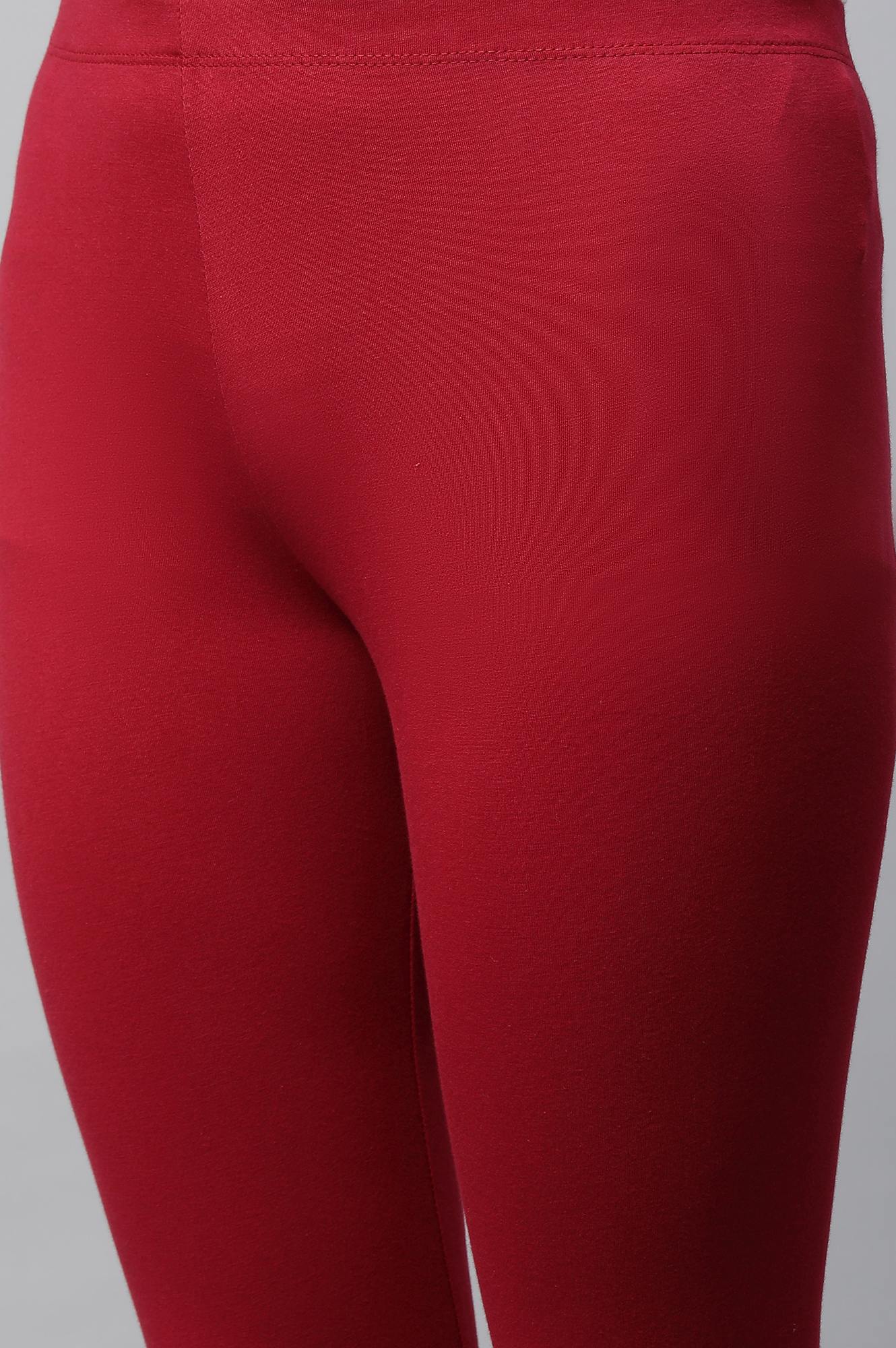 Red Solid Skinny Fit Cotton Tights With Slip On Closure - Image 7