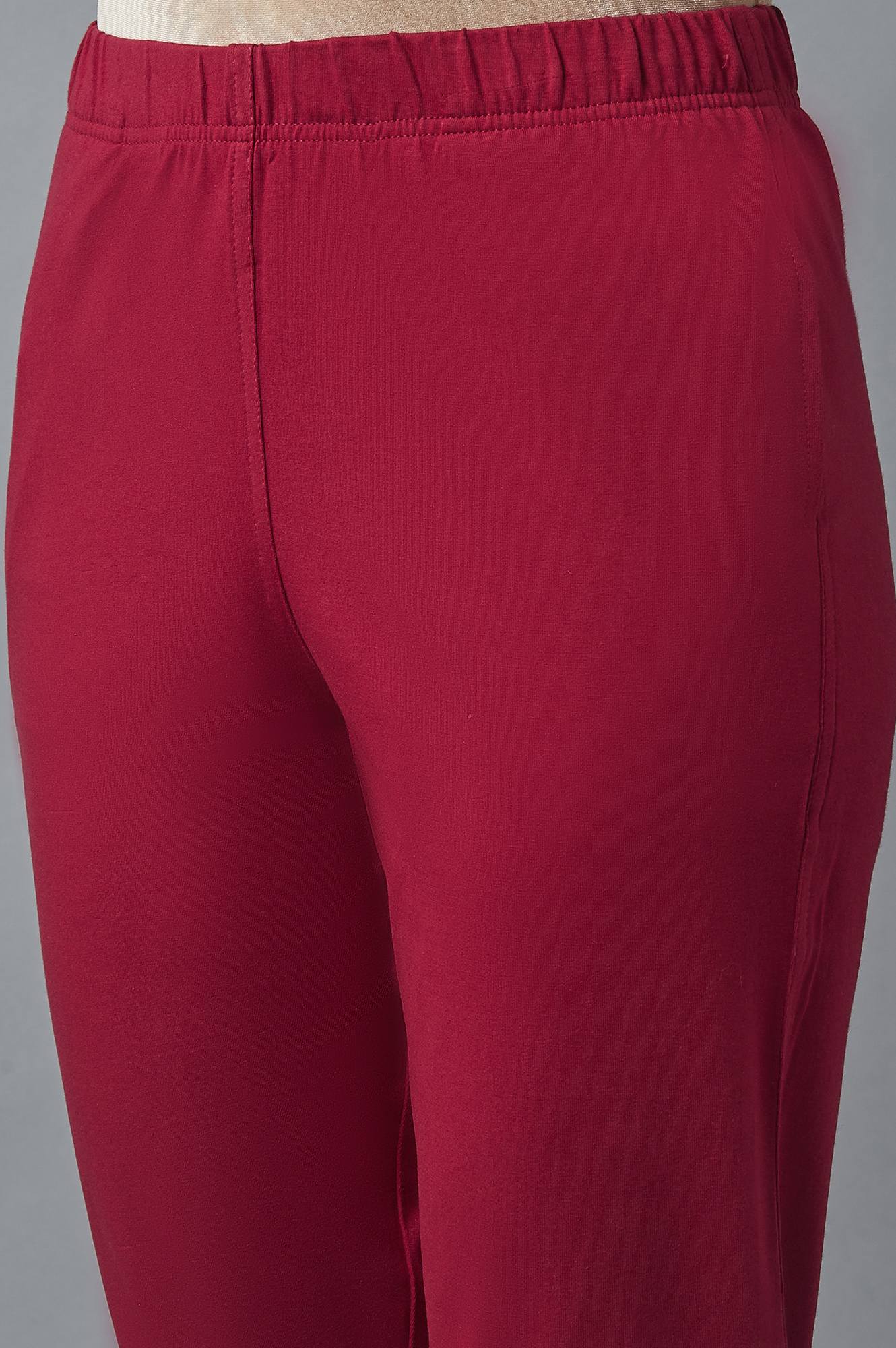 Maroon Solid Flared Cotton Pants With Elasticated Waist - Image 6