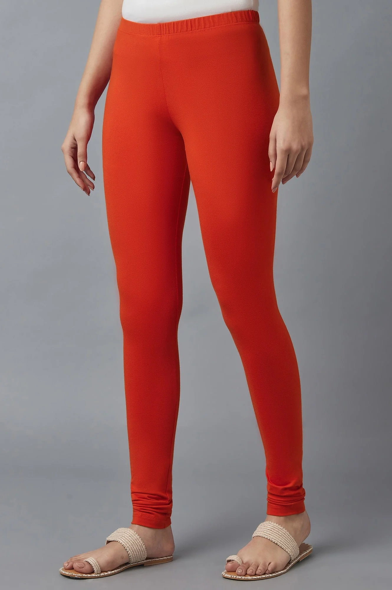 Red Solid Skinny Fit Cotton Tights With Elasticated Waist - Image 3