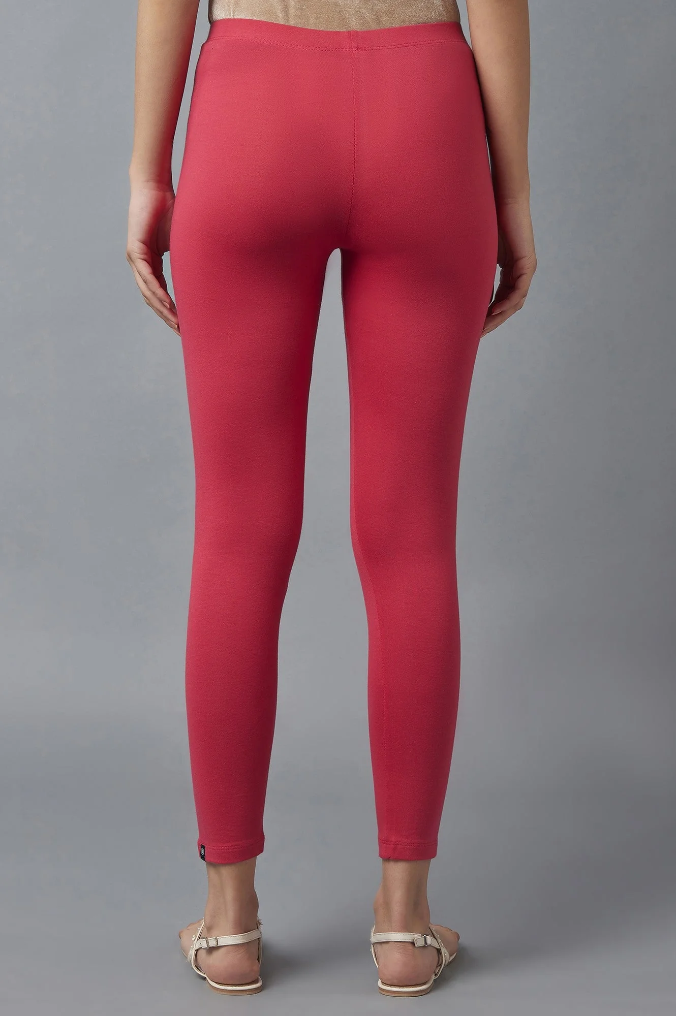 Red Solid Skinny Fit Cotton Tights With Elasticated Waist - Image 2