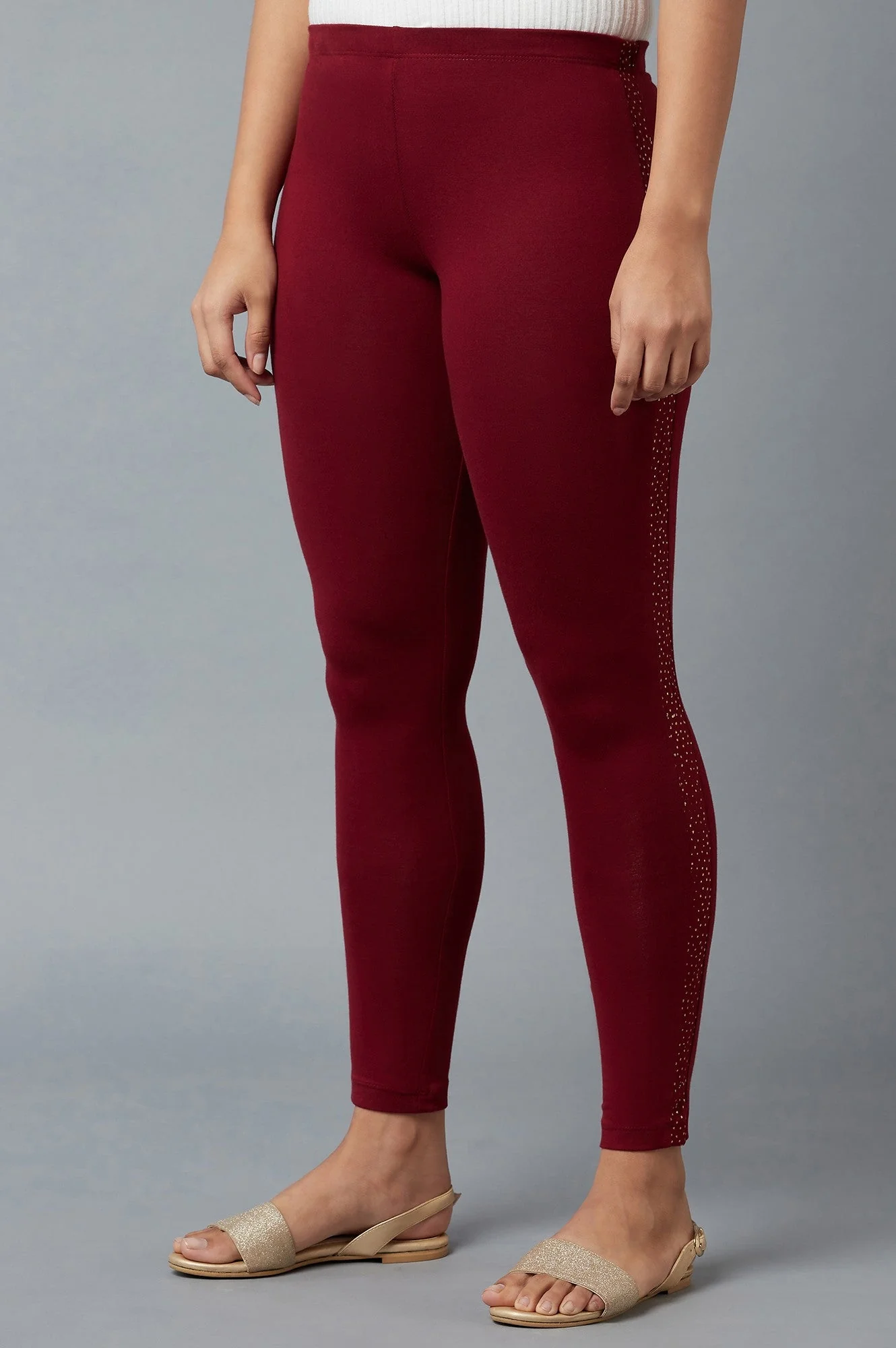 Maroon Solid Skinny Fit Cotton Tights With Elasticated Waistband - Image 3