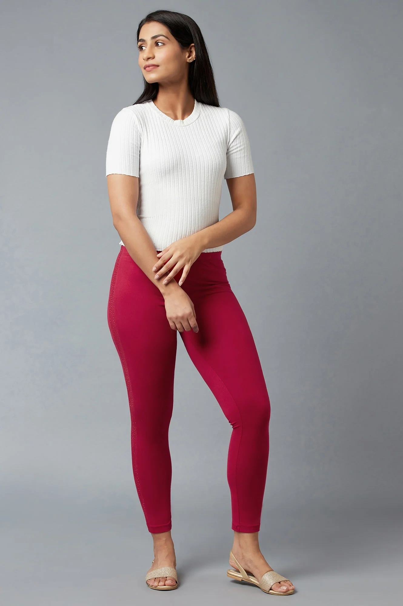 Red Solid Skinny Cotton Tights With Elasticated Waist - Image 5