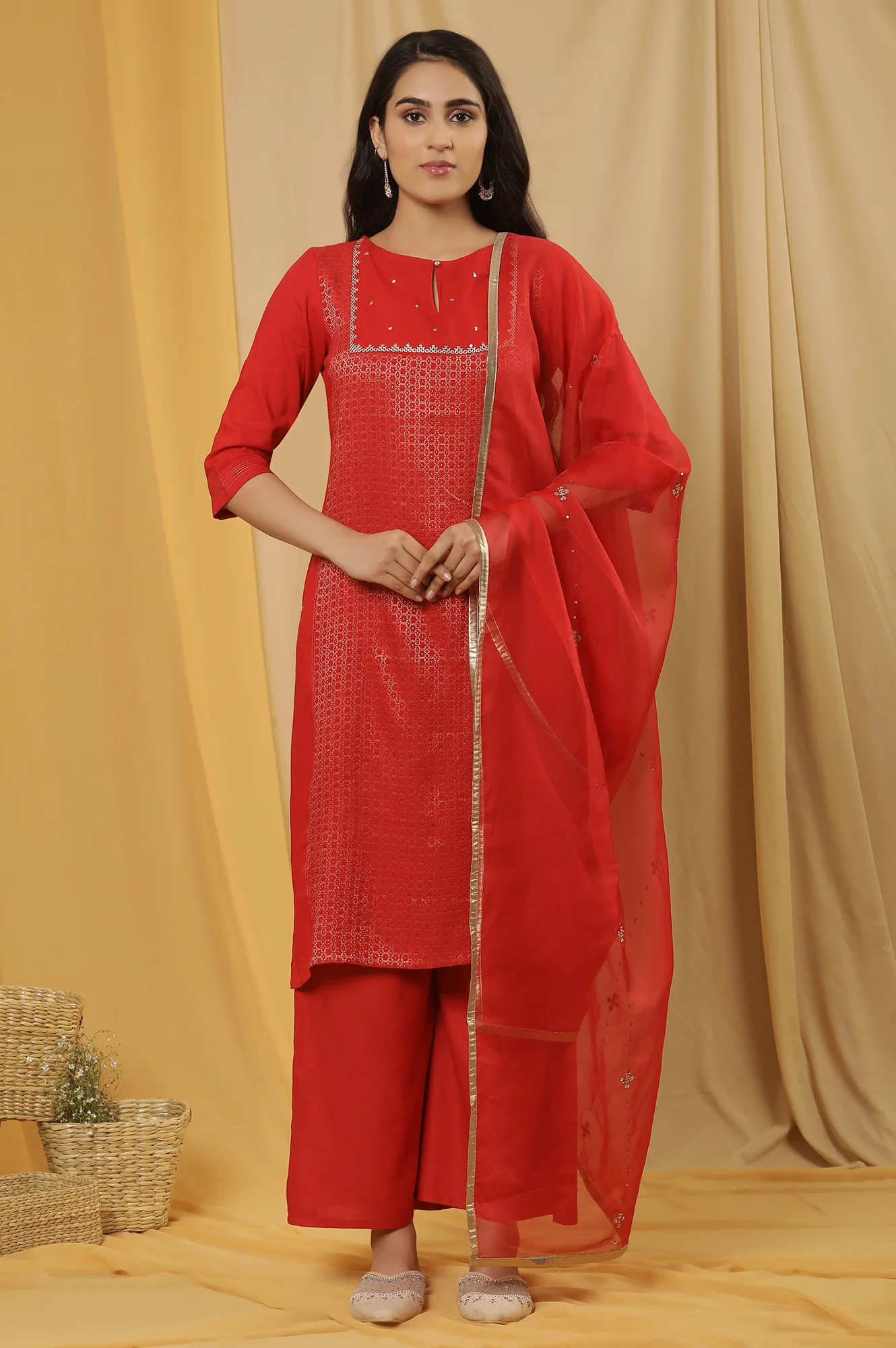 Red Dobby Embroidered Kurta, Pants And Dupatta Set - Image 2