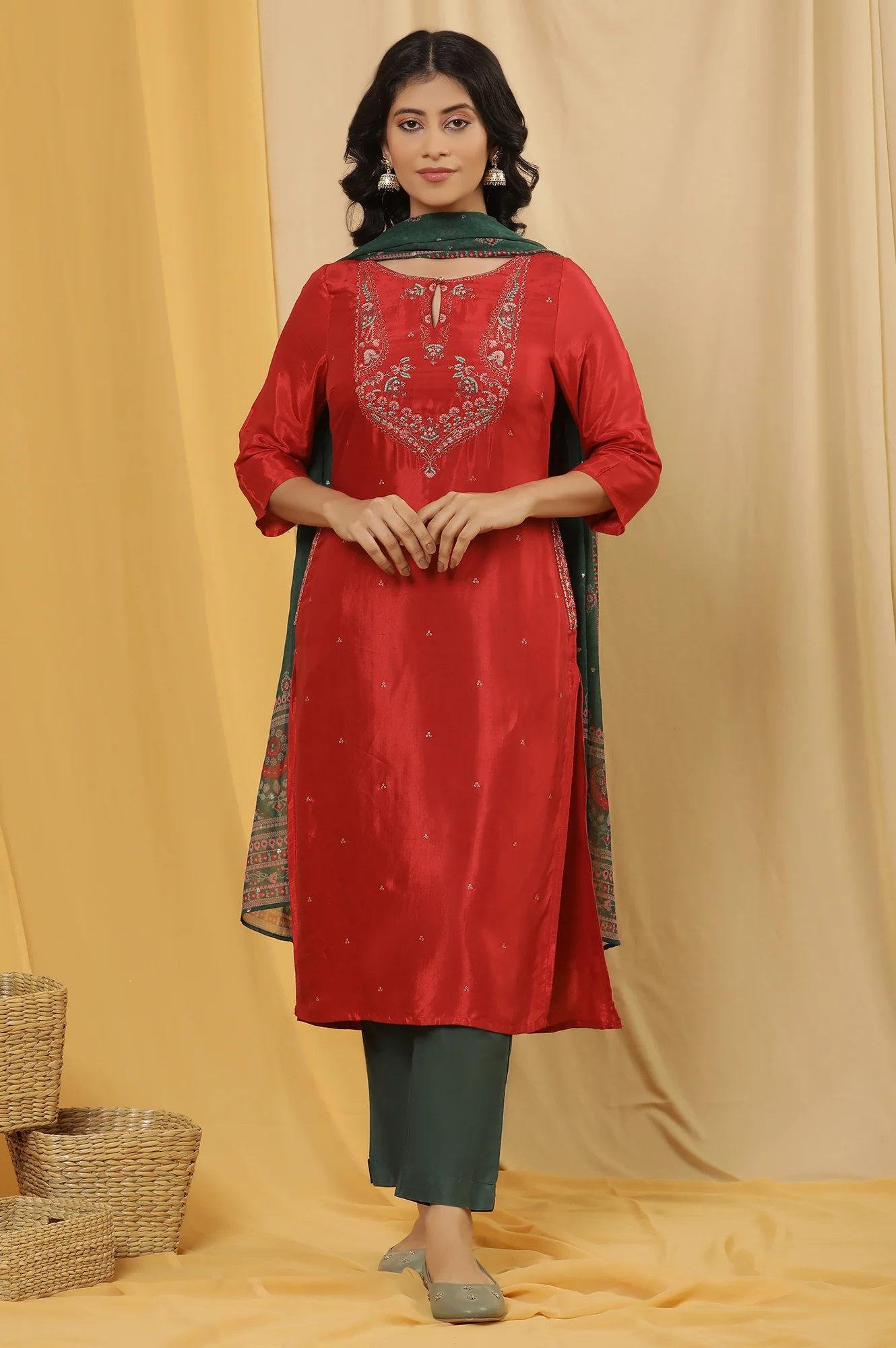 Red Embroidered Kurta, Pants And Dupatta Set - Image 2