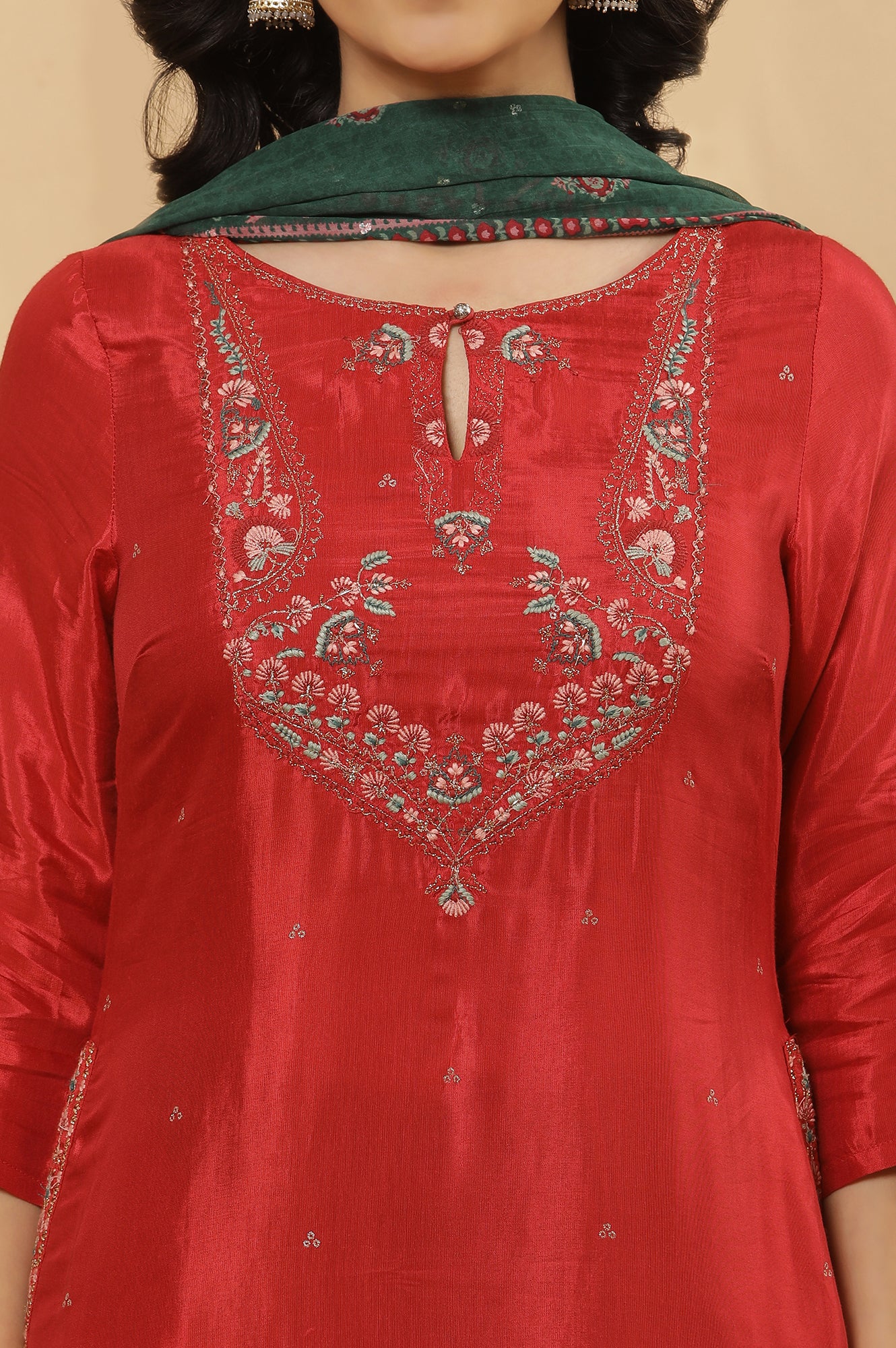 Red Embroidered Kurta, Pants And Dupatta Set - Image 6