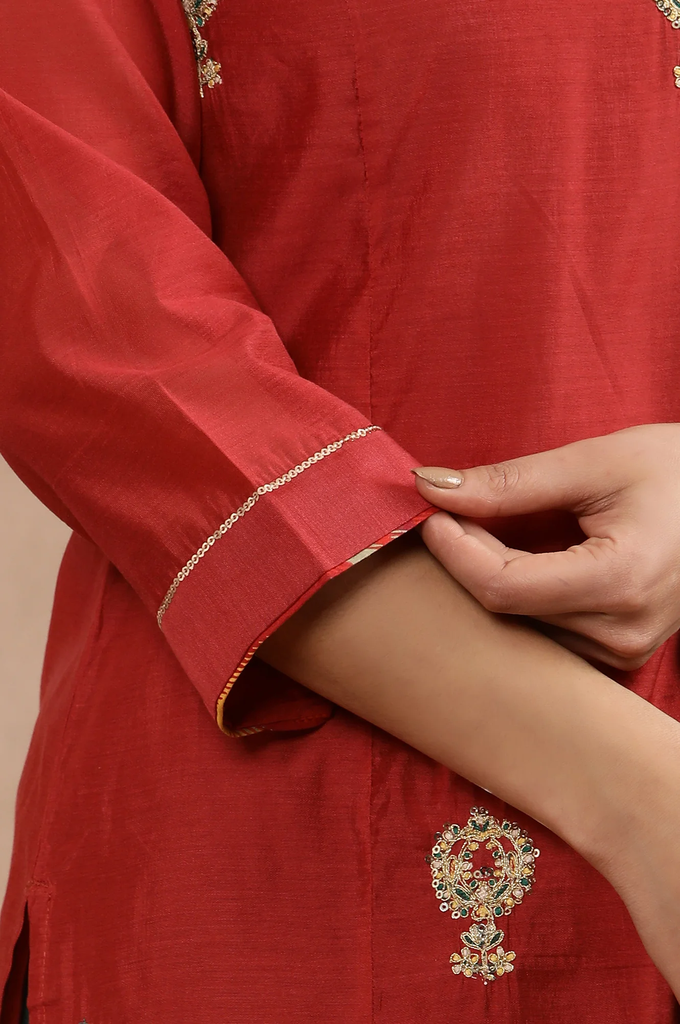 Red Embroidered Kurta, Pants And Kota Dupatta Set - Image 7