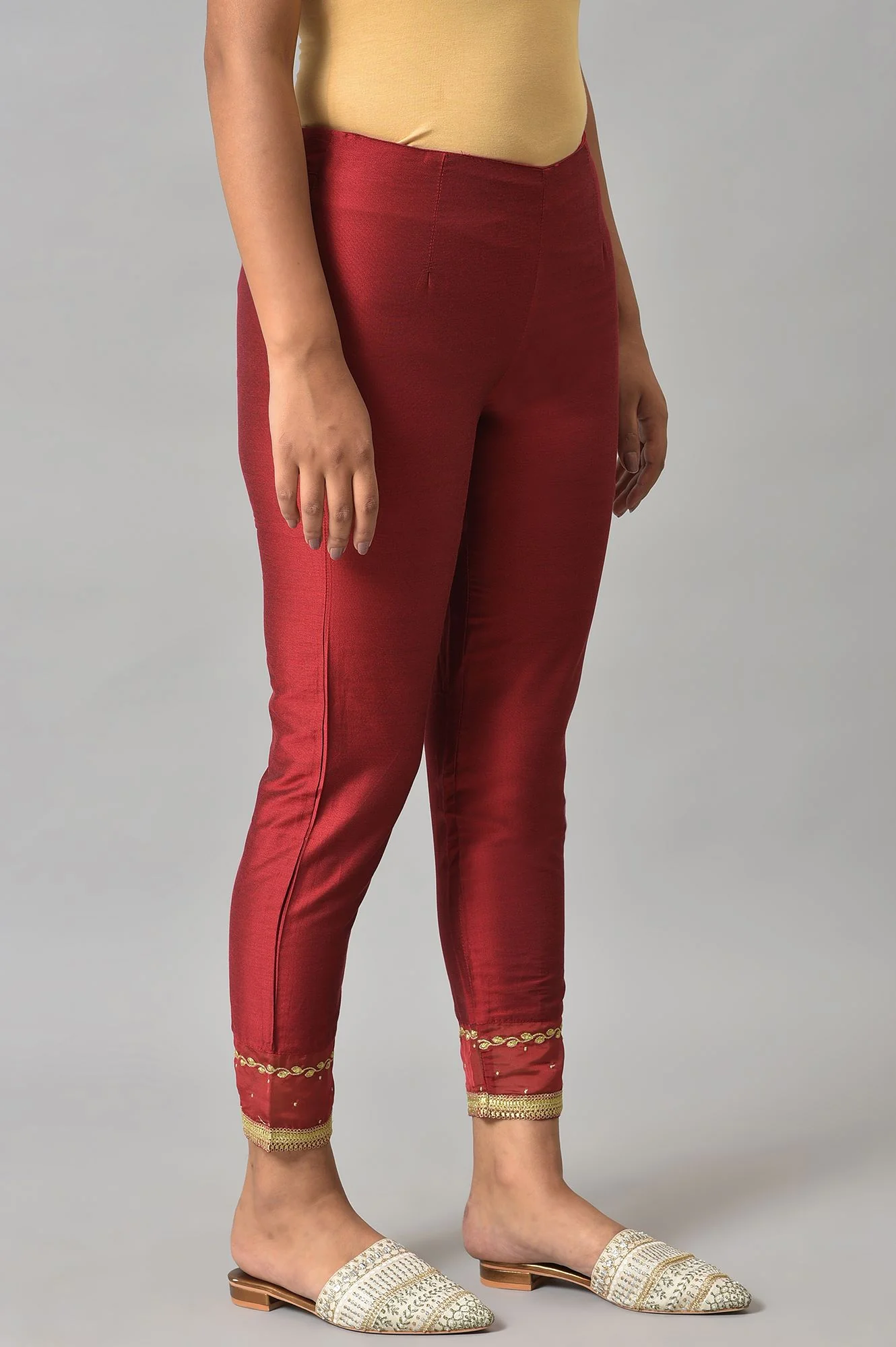 Red Embroidered Light Festive Slim Pants - Image 4