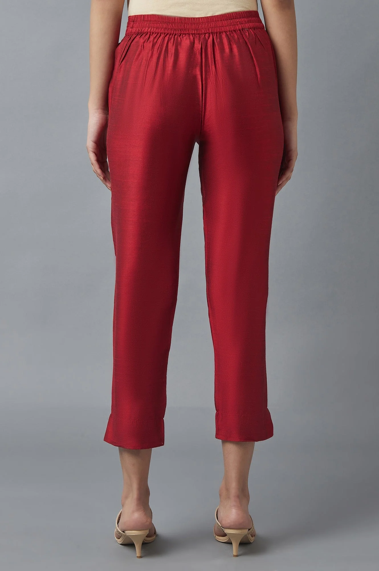 Red Solid Straight Fit Woven Trousers With Elasticated Waist - Image 2