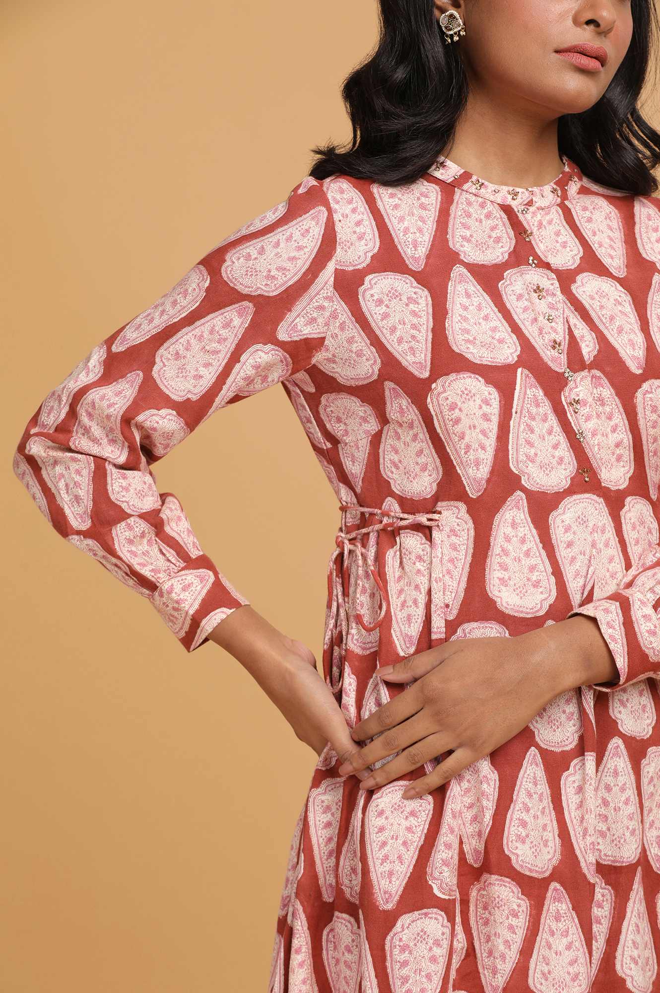 Red Flared Dress in Hand Block Print - Image 5
