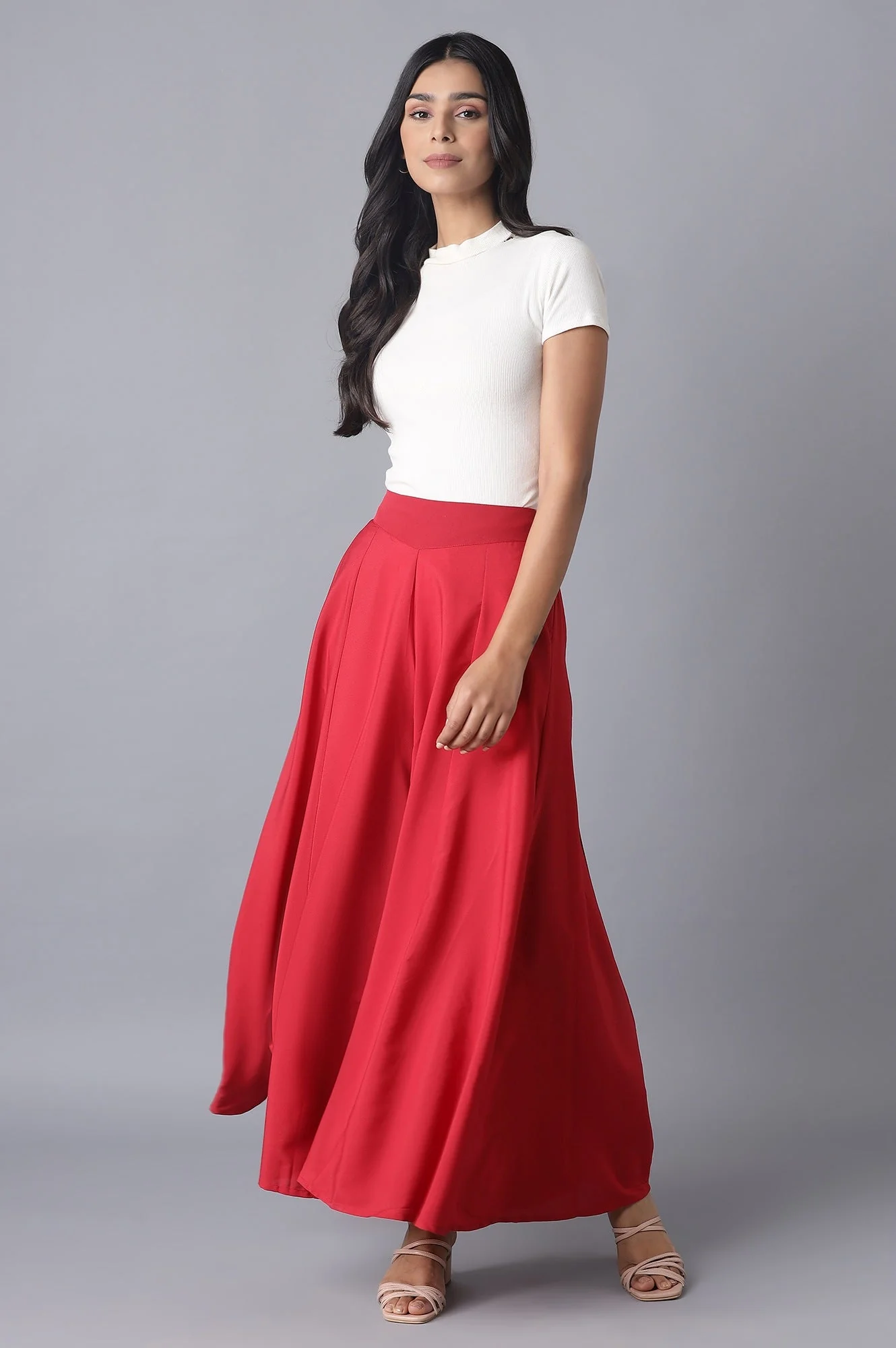 Red Solid Flared Woven Palazzo With Elasticated Waistband - Image 6