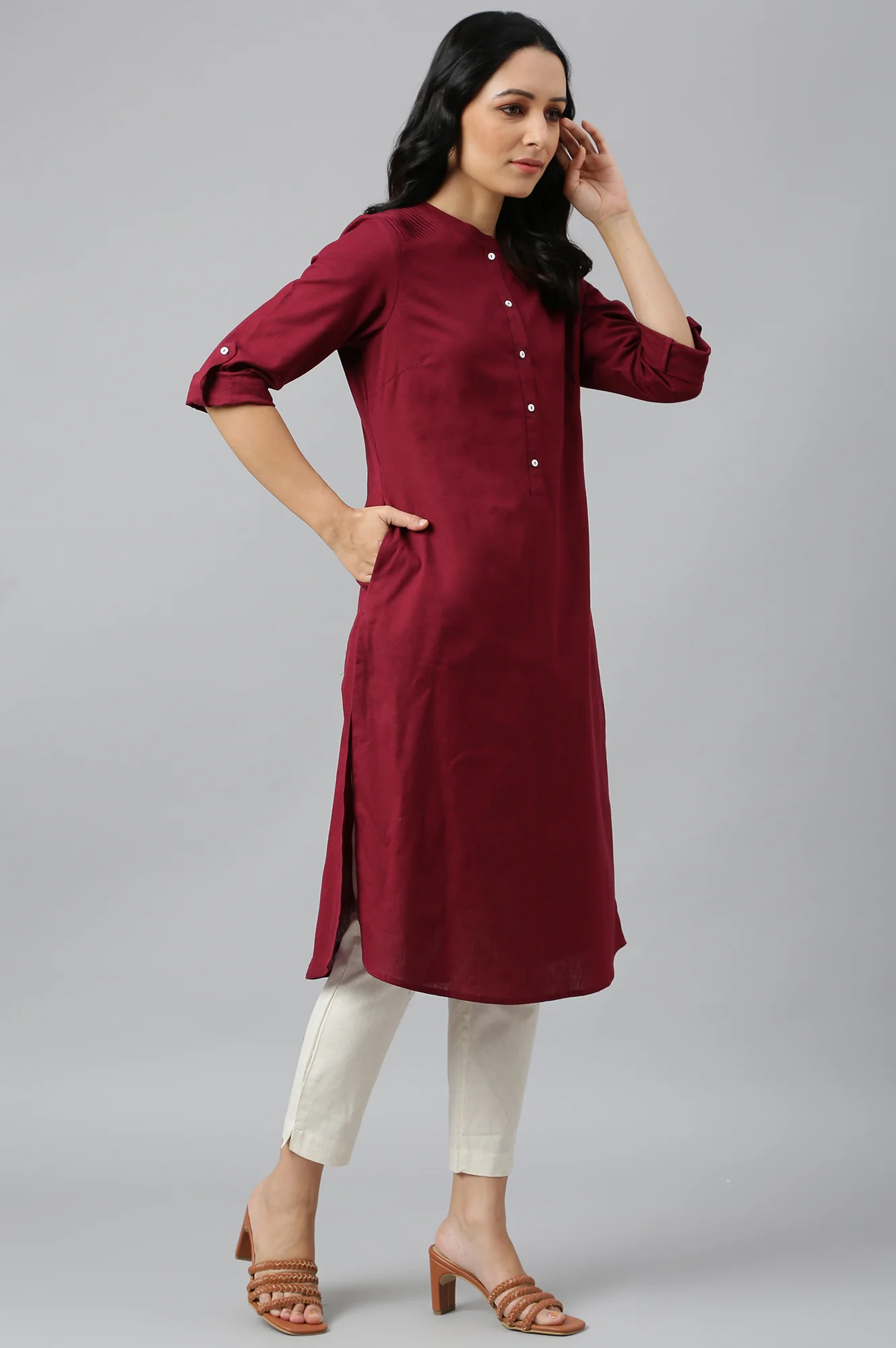 Red Half Placket Shirt kurta - Image 6