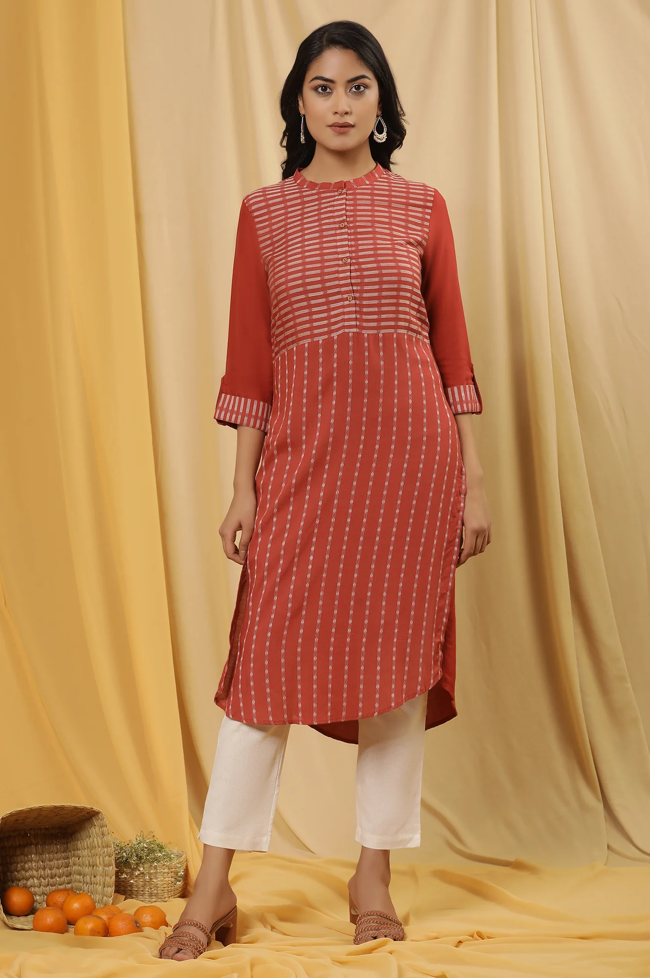 Red Printed Dobby Kurta And Pants Set - Image 2