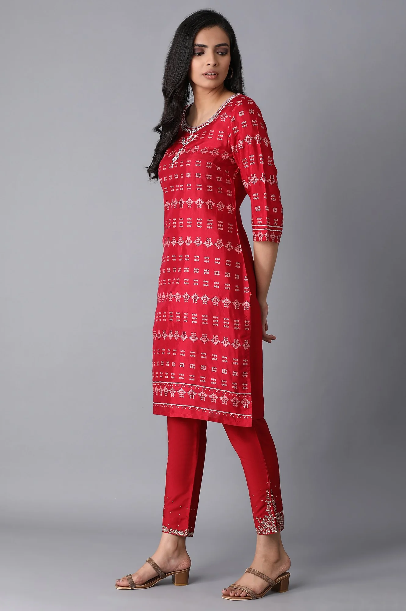Red Printed Straight kurta - Image 3