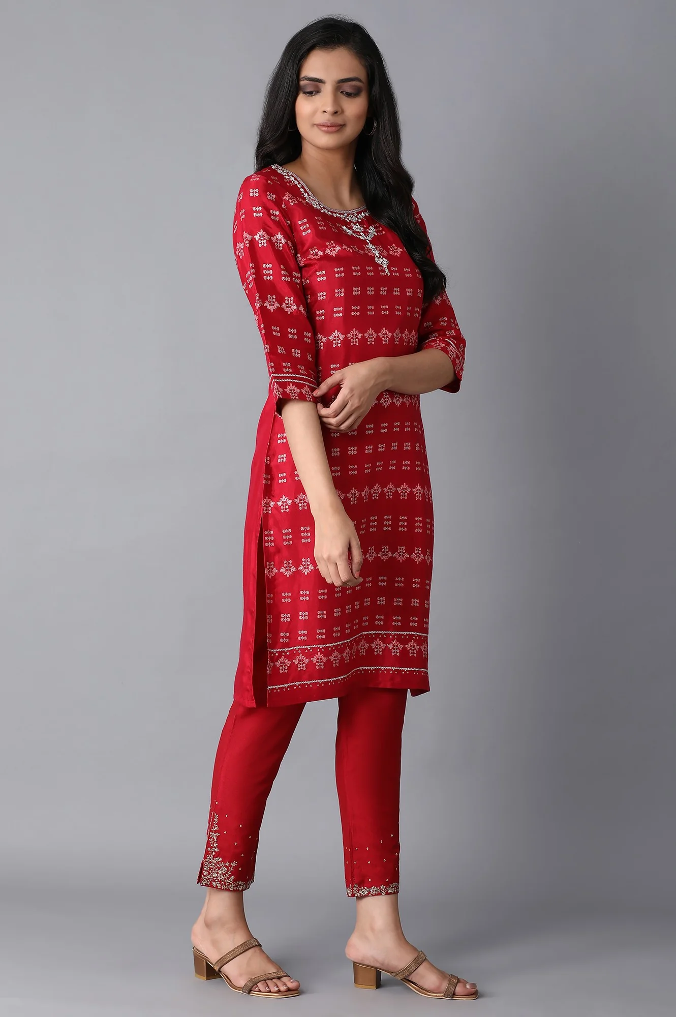 Red Printed Straight kurta - Image 4
