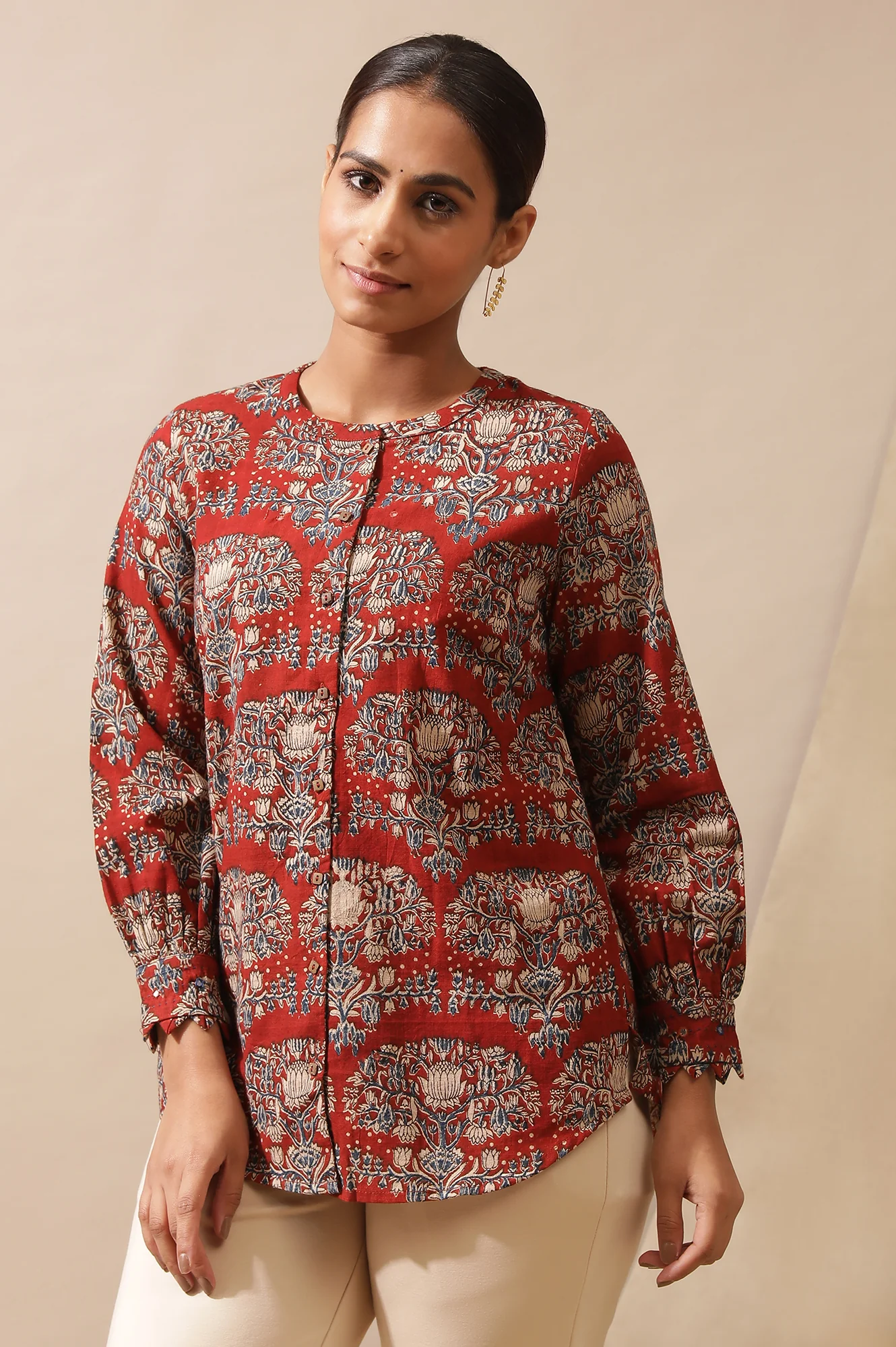Red Shirt In Hand Block Kalamkari Print - Image 3