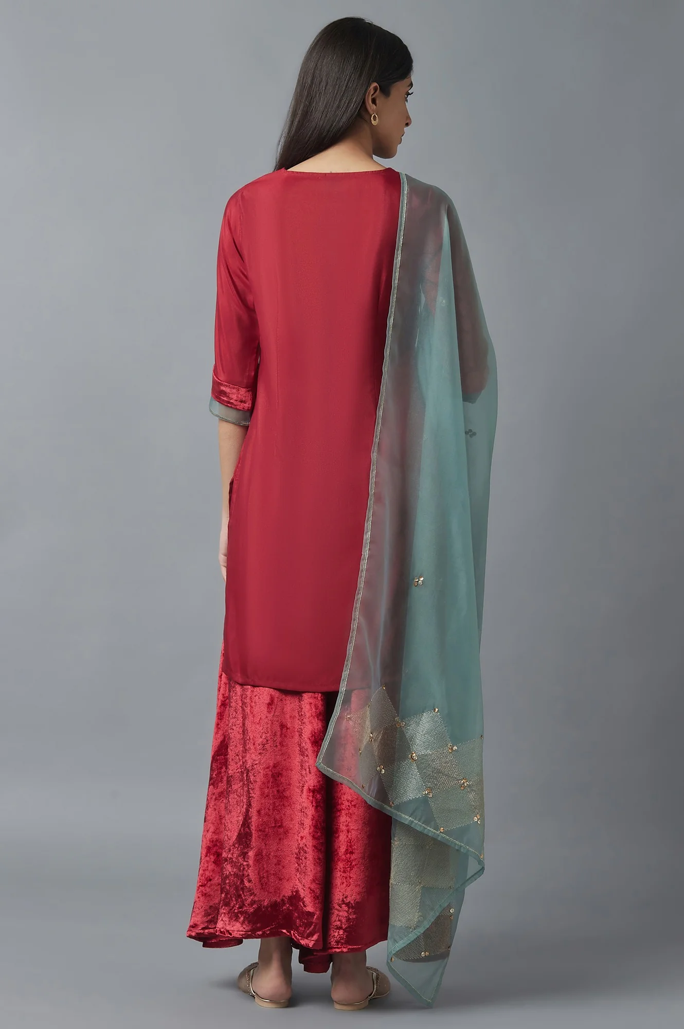 Red Short Kurta-Sharara-Dupatta Set - Image 2
