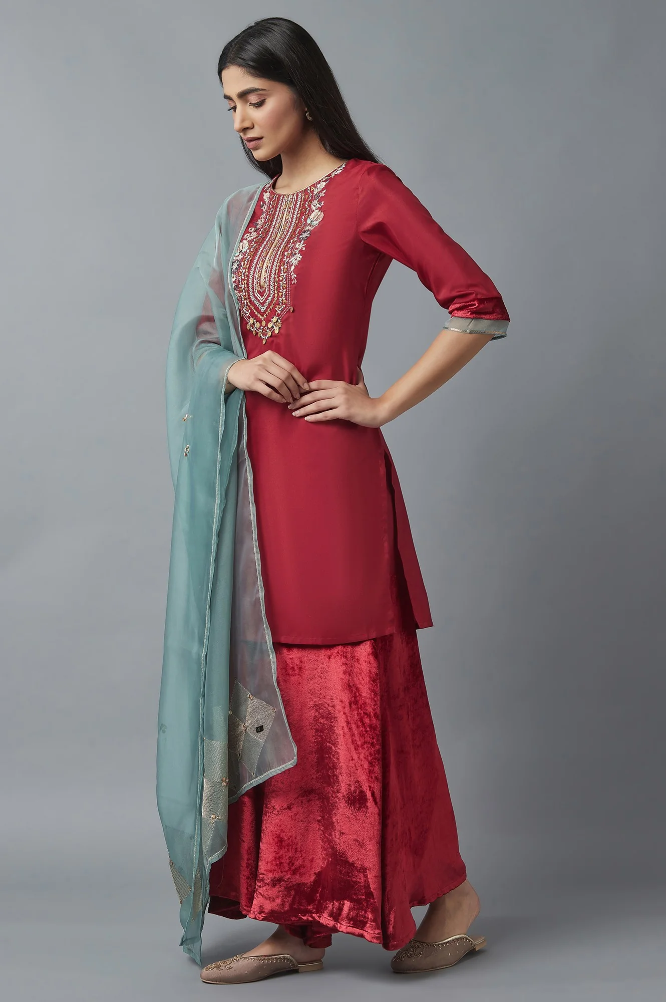 Red Short Kurta-Sharara-Dupatta Set - Image 3