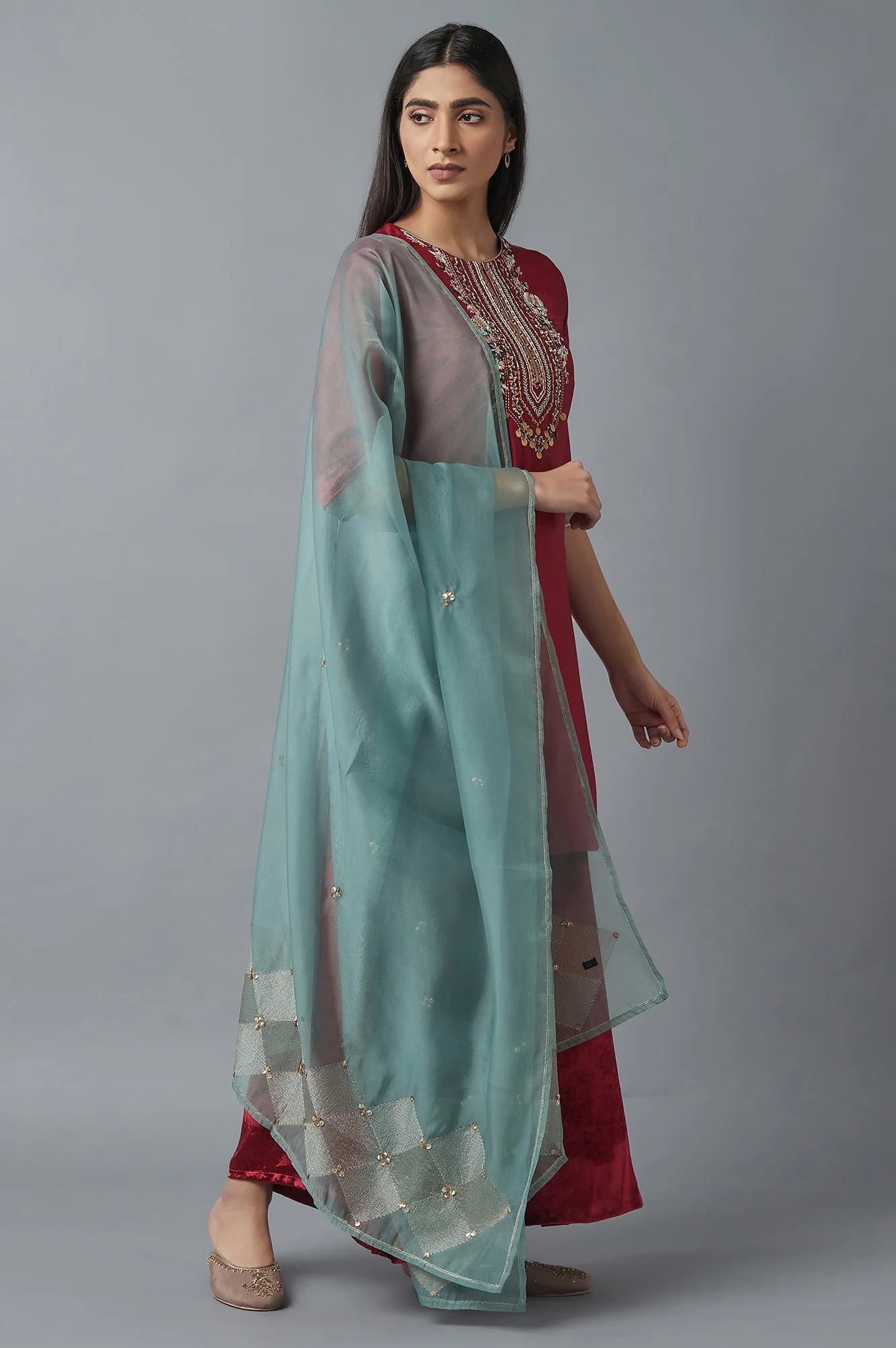Red Short Kurta-Sharara-Dupatta Set - Image 4